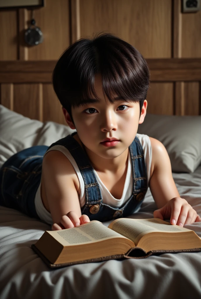 young boy under his blanket, holding a flashlight, reading a book, book lying on the bed next to the boy, gray hair with purple highlights, wearing pajamas