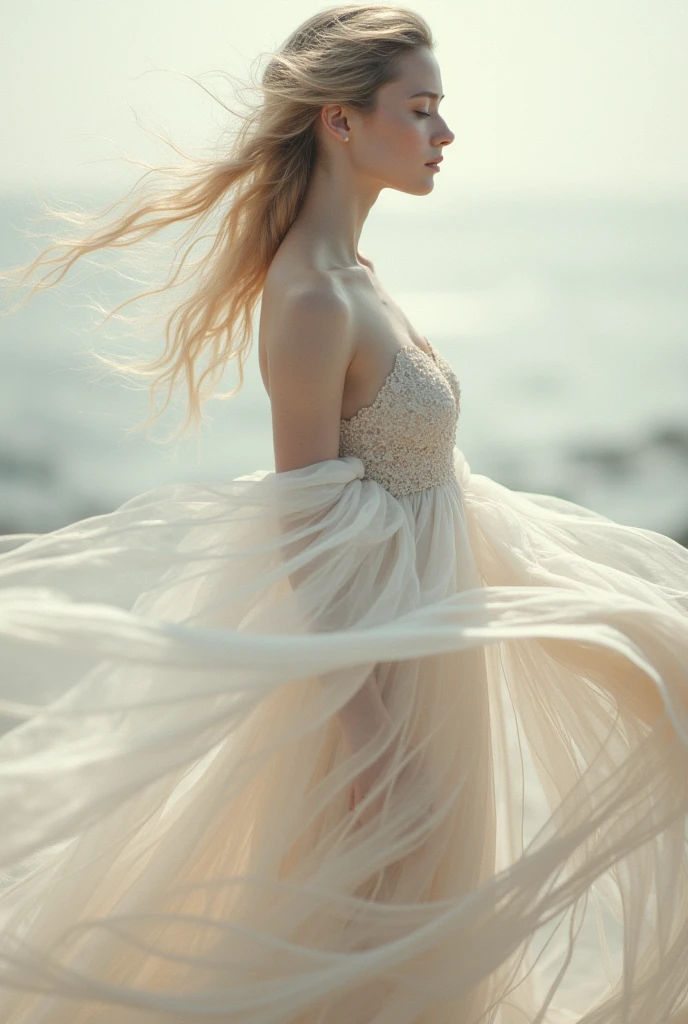 Description of ancient Greek mythology,Colorful clouds fill the entire sky,Wearing Kramis,Greek goddess Venus of beige yarn,Standing naked and light on the sea,Long flowing light blonde hair,Expose the collarbone shoulders,Barefoot,Perfect and exquisite facial features,The sea is misty,Ultra high quality,Highly realistic,8K分辨率,full body shot shot,natural soft light,