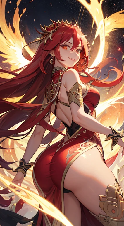 ((Sketch)), (Watercolor), 1girl, long red hair, drill hair,, red eyes, beautiful eyes, pointy ears, detailed lips, pout, choker, collarbone, bare shoulders, small breasts, wide hips, (black revealing clothes with blue ornate), (pelvic curtain), center opening, thigh gap, black fingerless gloves, (pink flames, pink fire background), hip dips, thick thighs, perky breasts, half body, close up, portrait, lying down, half-lidded eyes, kimono, posing