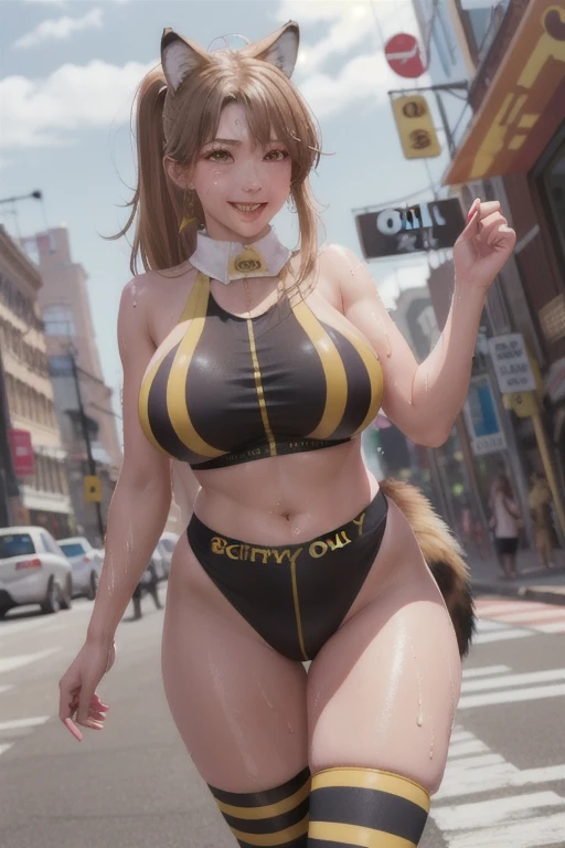 high-level image quality、​masterpiece、8K、1womanl、Uma Musume（Mr. Seabee）、One person on the screen、1 Screen Person、browny short hair、Hair to the shoulders、Unkempt hair、Longhaire、Bouncing hair、、Curly hair、long brown hair up to the waist,,,,,,、Bangs trimmed with eyebrows、Very long horse ears are pointed,、Curly hair on the top of the head、thin brown eyebrows、long eyelashes、Light green eyes、emeraldgreen eyes、Smiling smile、Medium breasts、Moderate udder、Nipple stand、nursing、Bikini swimsuit with green and white stripes、Green and white swimsuit、perspiring、full of sweat、Getting wet in the rain、outside of house、rainy days、cloudy ash sky、Heavy rain continues、Water droplets on the screen