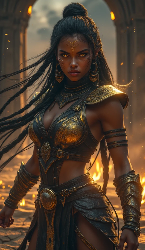 ((ultra high definition)), ((ultra high resolution)), ((ultra sharpness)), ((cinematic)), ((8K)), ((Unreal Engine 5)), ((Ultra Black girl)), ((elf ears)), ((extremely beautiful)), ((totally realistic)), ((total fidelity)), ((ultra curvy)), ((front view)), ((big ass and thick thighs)), ((ultra detailed face)), (( beautiful forehead)), ((ultra detailed eyes)), ((ultra detailed irises)), ((ultra detailed hands)), ((ultra detailed fingers)), (((alone))), (((full body))), ((natural lighting)), ((white tribal markings on skin)), ((always the same face)), ((repeat always the same face)), ((always the same body)), ((always the same body proportions)), ((wearing an african golden armour with back edges)), ((wearing an African printed scarf around the neck)), ((gold ornaments)), ((golden hue halo atop the head)), ((standing infront of a beautiful palace)), ((repeat the same clothes)), ((always the same clothes)), ((looking at the camera)), ((tall)), ((short and curly hair)), ((silky curly hair)), ((black hair)),  ((light gray irises)), (((floating swords, floating in the background))), ((detailed gem covered swords)),
