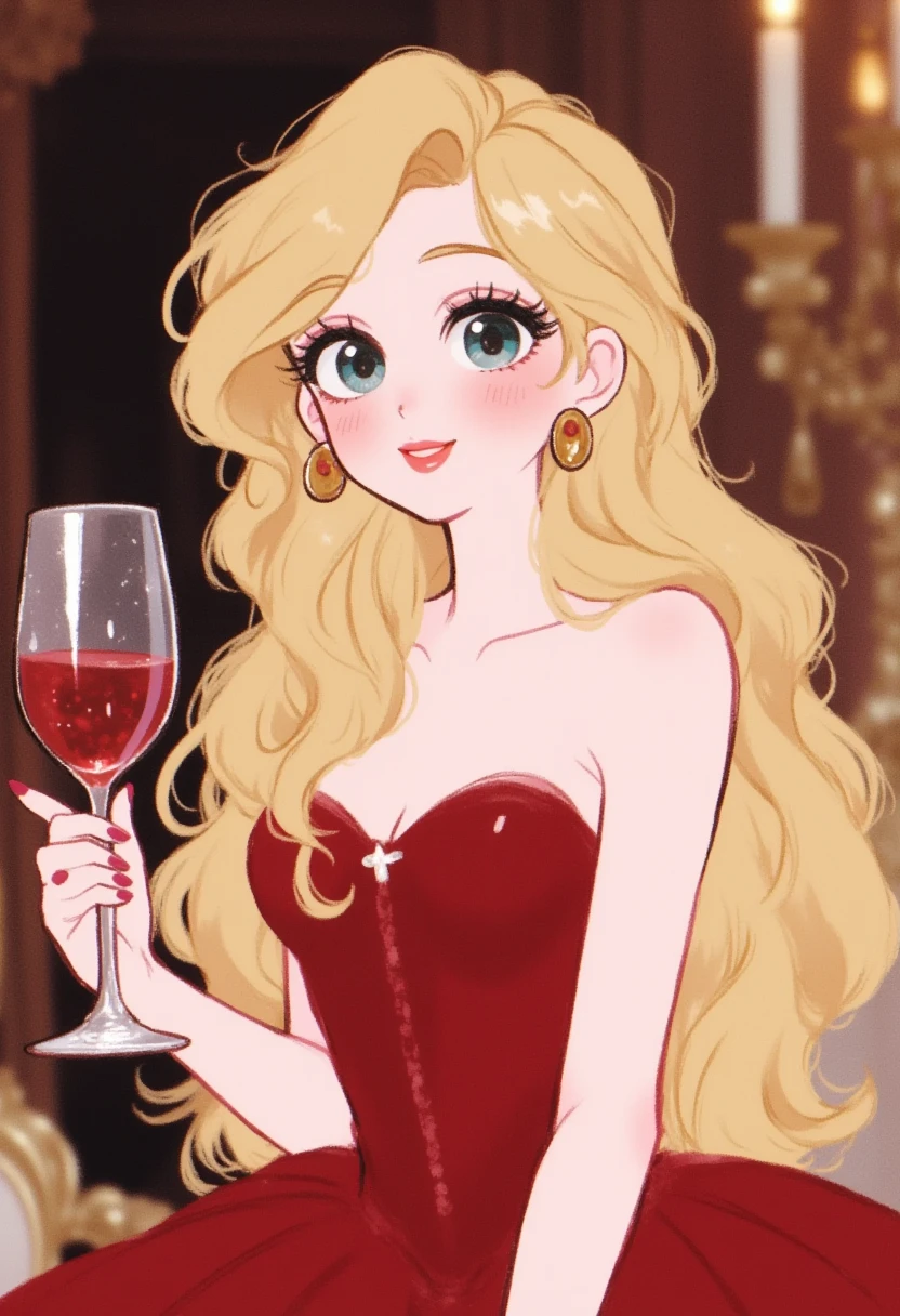 best quality, (masterpiece),(ultra-detailed), (high quality), (high resolution),1girl, afrodita, blonde hair, breasts, cleavage, collarbone, colored skin, cup, dlh, jewelry, large breasts, lipstick, long hair, medium breasts, pink dress, pink nails, pink skin, smile, solo, upper body, <lora:afrodita:1>