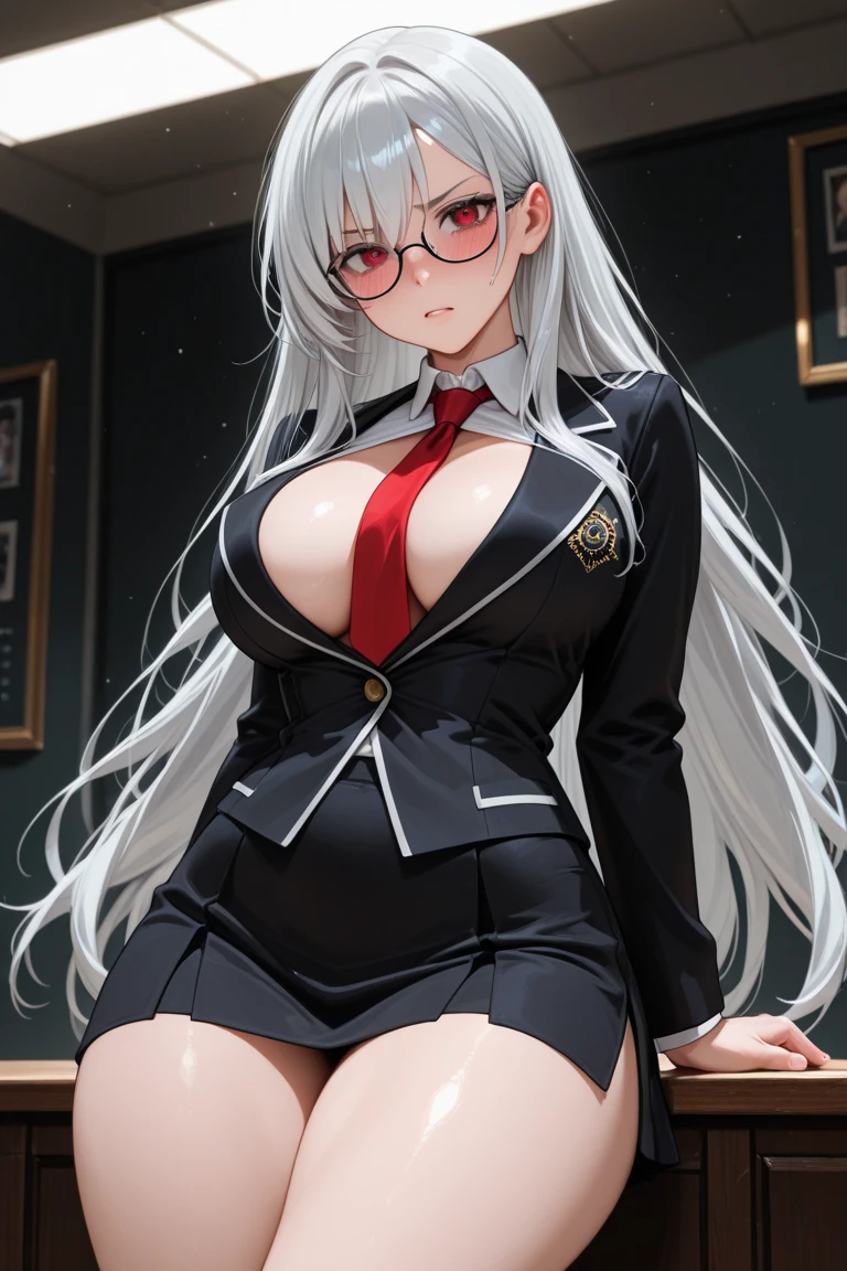 Meisterwerk, (realistisch), high-res, hochdetailliert, kompliziert, Beautiful women, rote Haare, blaue Augen, Sommersprossen, detailliertes Gesicht, tight dress, looking at viewer, smile, sexy teacher, glasses, huge boobs, downbluse, in Classroom, huge Dekolleté