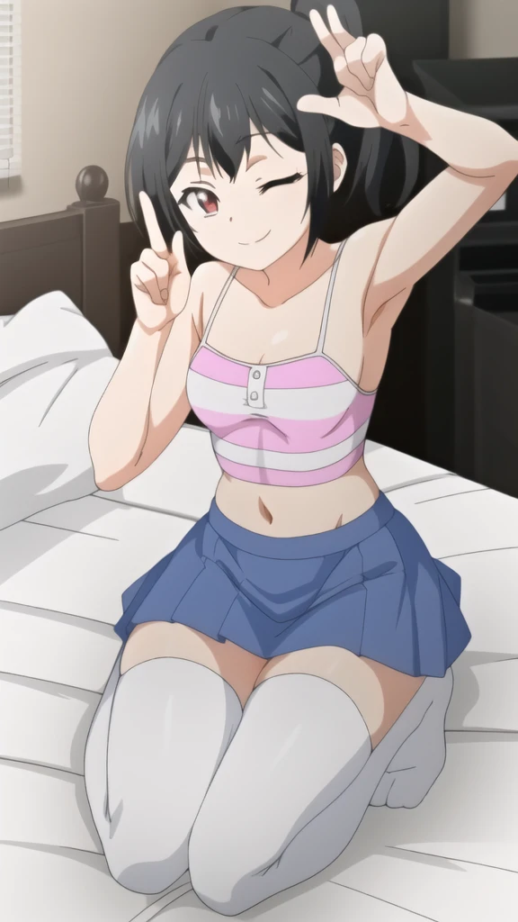 Details on the armpits、Masterpiece、１0 year old girl、A dark-haired、short-cut、bashfulness、Wearing white underwear、Camisole、Cotton shorts、Bite、Standing、low angles、in a house、diaperMess