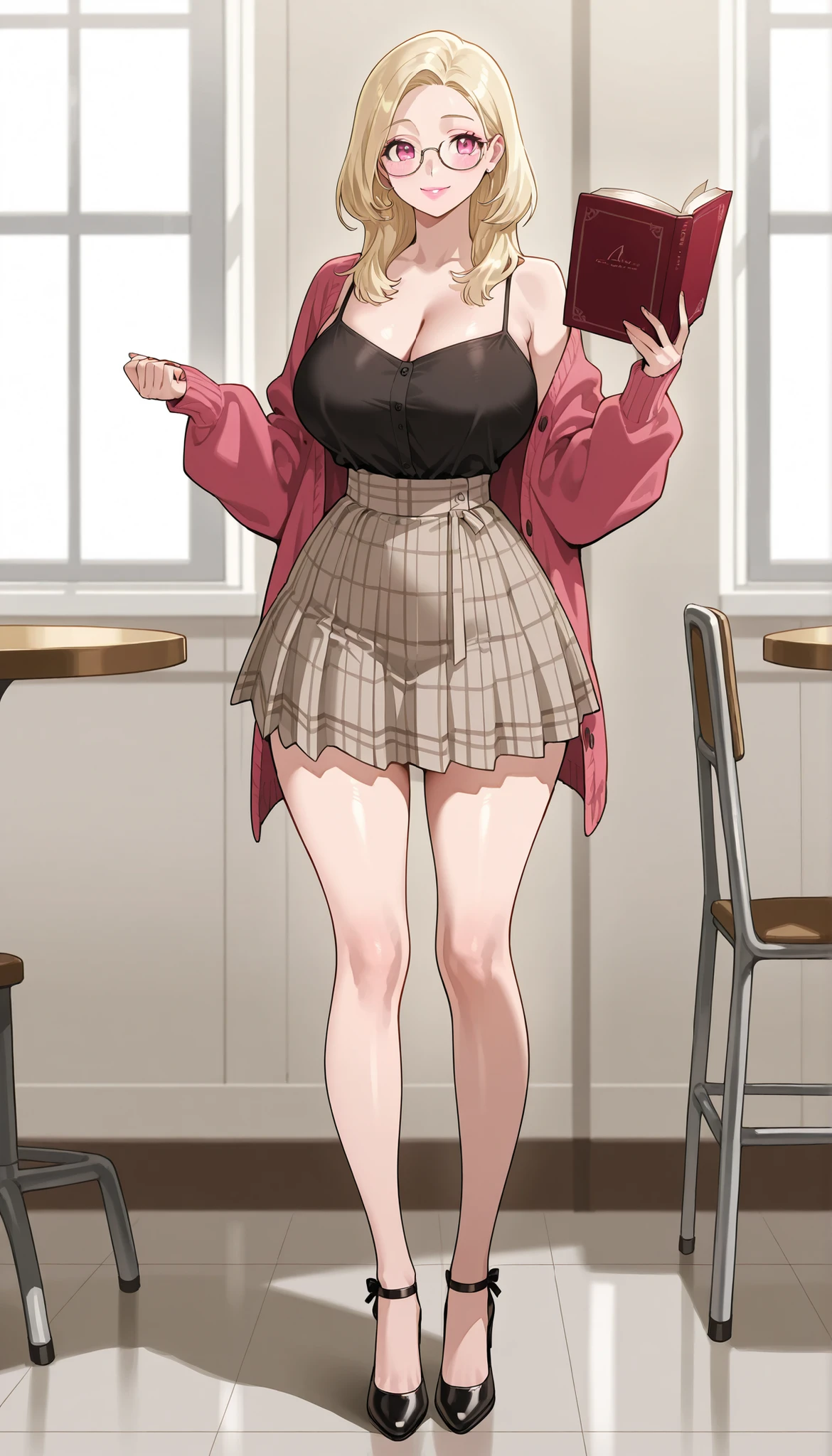 A young-adult beautiful cute woman with long silky pale-blonde hair, big pink eyes, pink lips, extremely fair white natural skin, an extremely small waist, slightly wide round hips, slightly big breasts, and an insanely perfect hourglass figure. She's only wearing a waist-tucked black top with thin spaghetti straps and a lacy V-neckline, a white front-open slightly-medium baggy cardigan with full sleeves worn over the top, a high-waisted pleated mini dark-brown check skirt, spectacles, and strappy high-heels. She's standing, holding up one book right beside her face with both of her hands, smiling, and is in a cafeteria. Show her full body and super hyper-detailed.
