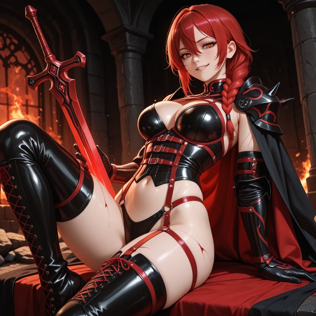(RAW photo, 4k, masterpiece, very high resolution, extremely complex) (realistic: 1.4), Cinematic lighting, (((a female character))), single focus, Night, fog, medieval\(Style \ ), (best quality), (high), (short red hair), (big flowing red cape), (full leather plate), (8k deadpan face), (red eyes), (ULZZANG-6500:1.0 ), (alone), (Bandage wrapped around head covering one eye),(Spectators),(brightness),(side),(Mysterious catacomb environment),((speed)),(reality),(red bat wings giants on the back)
