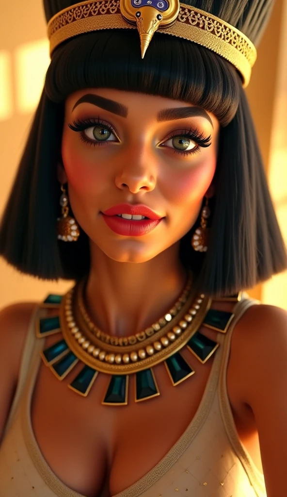 score_9, score_8_up, score_7_up, score_6_up, 1girl, solo, jewelry, rating: safe, brown_eyes, black_hair, lips, makeup, armlet, breasts, egyptian, egyptian_clothes, dark_skin, nose, earrings, gold, lipstick, cleavage, realistic, looking_at_viewer, medium_breasts, open_mouth, piercing, gyaru, tongue, blunt_bangs, bangs, bob_cut
