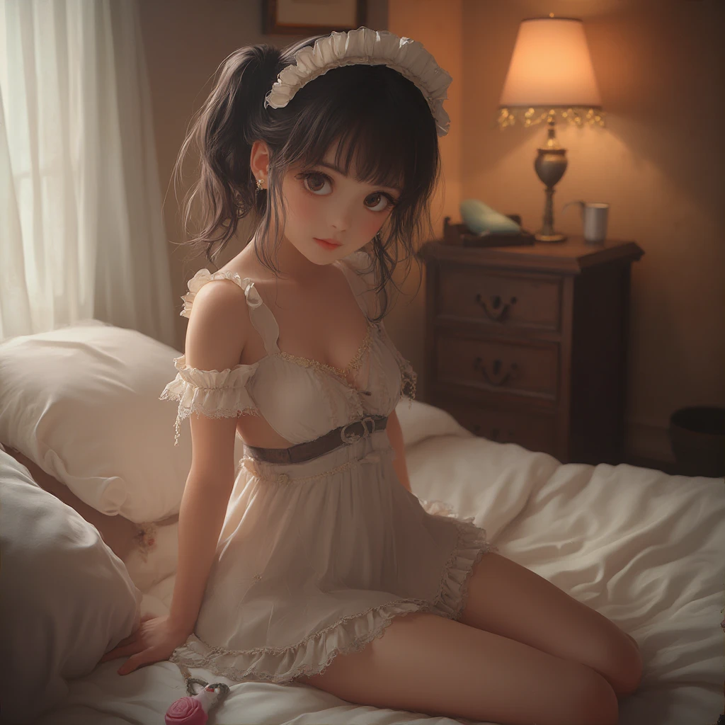 kawakami sadayo, one girl, brown eyes, white background, short hair, extremely detailed, blushing, sweating, wet, ((soft, soft light, gentle)), small breasts, full body shot, smirk, bed, maid outfit, maid, thighhighs, spread legs, maid