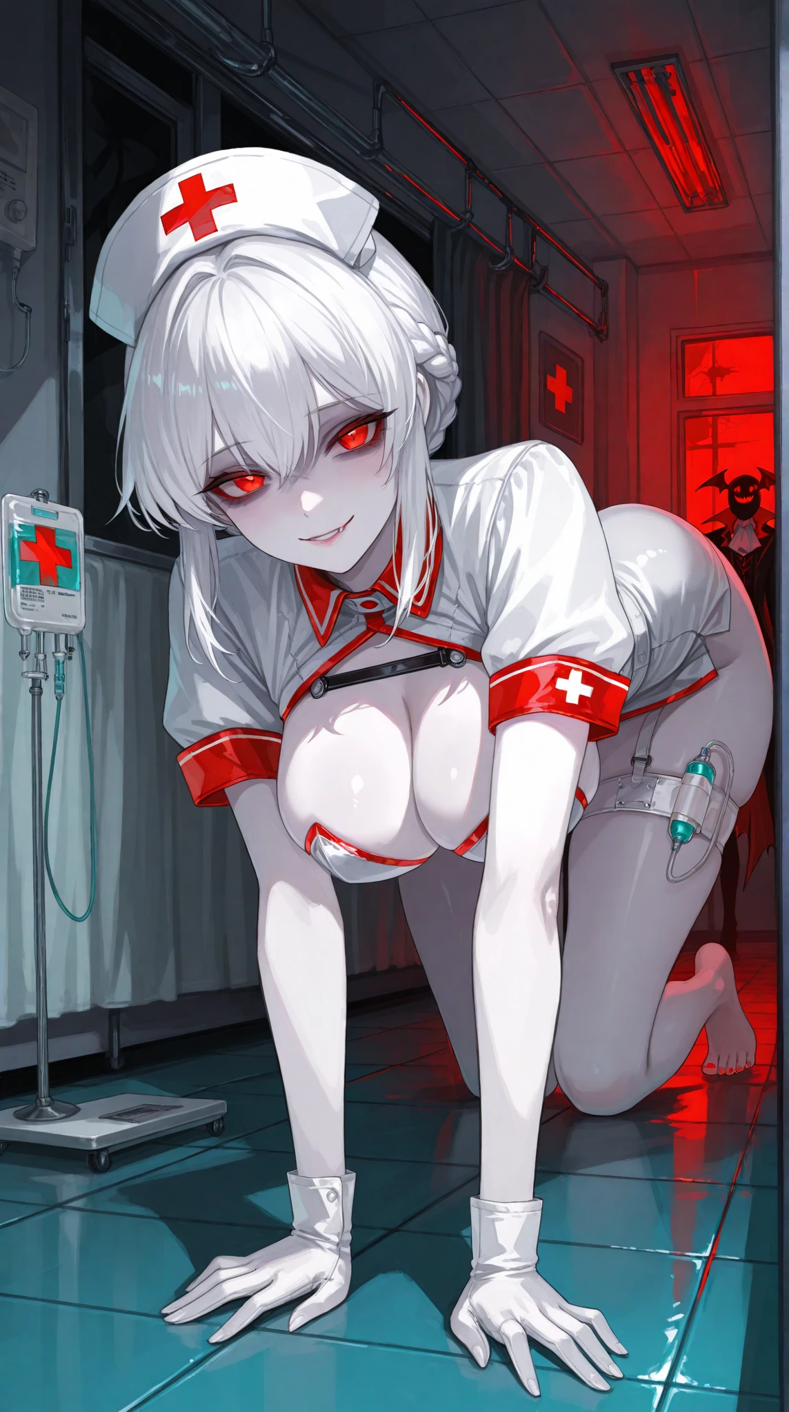 (Nurse's outfit),devil horns, red eyes, In the hospital room, Mind control by a succubus, Sexy latex strip, 3P sex, with devil's wings, Inverted cross necklace, big bust,Nurse's outfit, dark, night,
