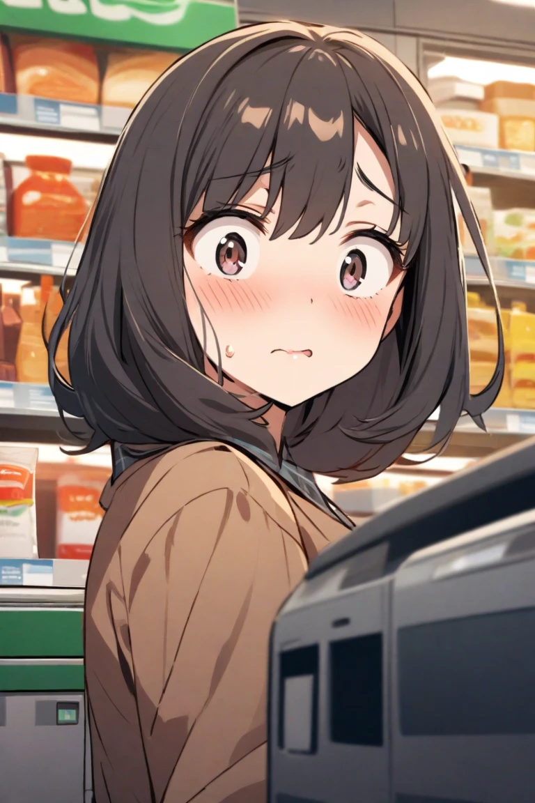 In front of the vending machine、high school girl、Black bob hair、hairpin、Open-mouthed expression of joy、Drooling((She stares at my penis with pleasure))、Hearts in the eyes、Large Breasts、Deep valley、Open the buttons on your shirt、nsfw
