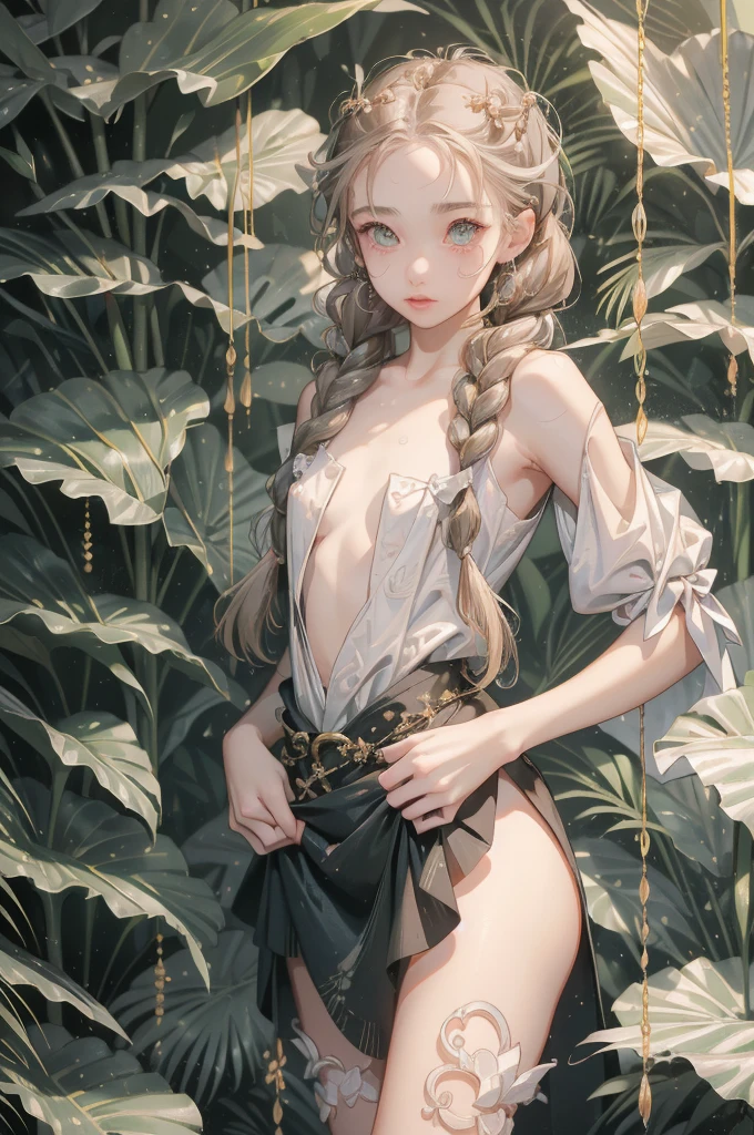 ((best quality)), ((masterpiece)), (detailed), 1girl, (big forhead:1.2),extremely detailed cute anime face, (((flat chest))), (flat chest:1.1),((((long twin braids,tight braids,long braid,braided hair,long hair)))),intricate eyes,beautiful detailed eyes,symmetrical eyes,(((detailed face))),beautiful detailed lips, looking at this, (((embarrassed))),(((horrified expression))),((panic)),((crying)),highres,(best quality),(ultra detailed,extremely detailed),perfect face details, ((masterpiece:1.4, best quality))+, (ultra detailed)+, long twintails, cute girl, (flat chest:1.1), small , slim body, skinny, (((narrow hips))), prominent collarbones, skinny arms, flat stomach, visible hip bones, long hair, red hair, white hair, blonde hair, dark hair, ponytail, thick ponytail, heavy ponytail, small breastsct face, small breasts (flat .1), NSFW, Detailed body,Full limbs, (from behind), (turning), ((front facing)), NSFW, (flat chest:1.1), ((wild environment, jungle, nature))