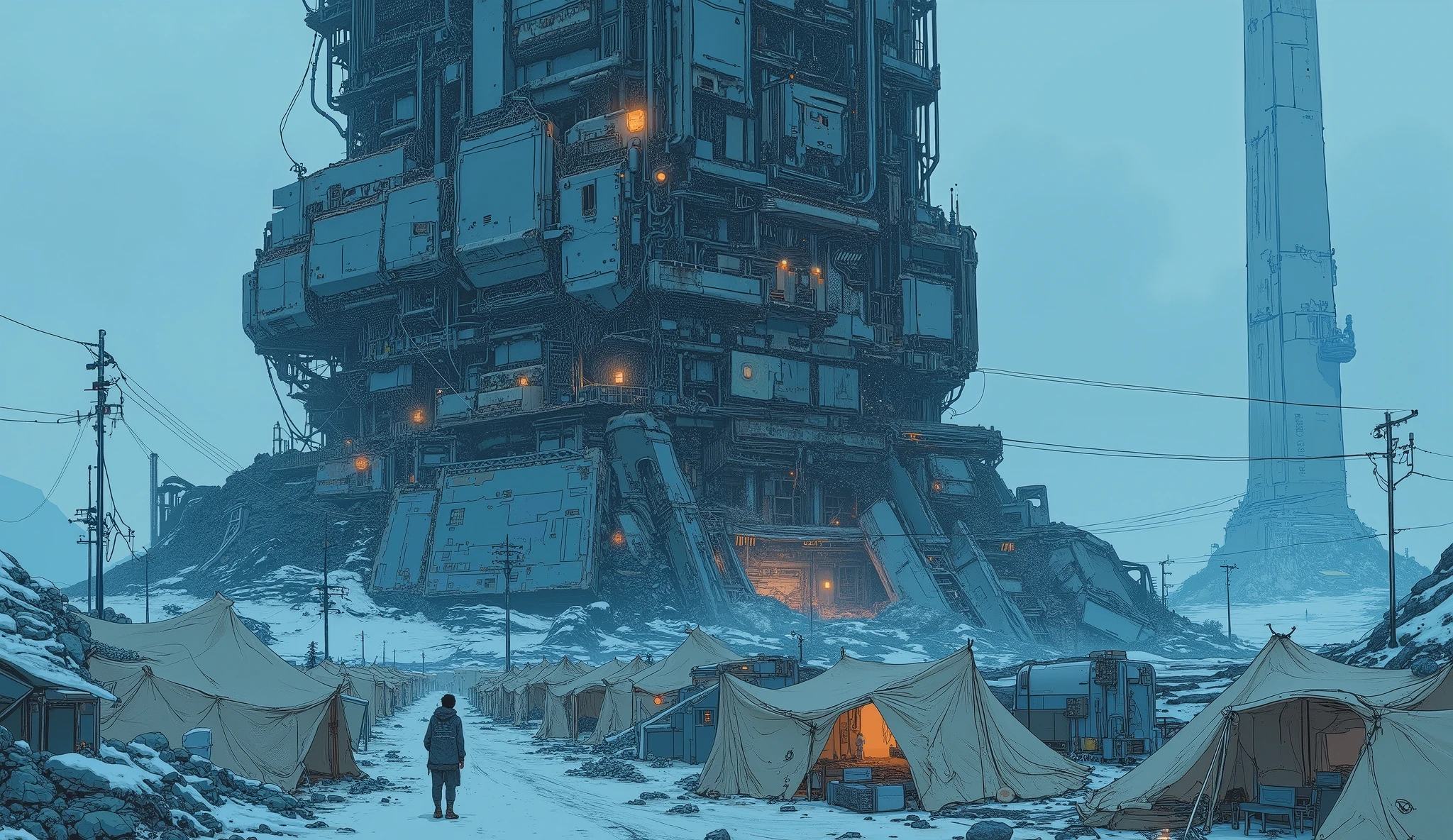 wide angle view, slightly top-down perspective, cyberpunk dystopian world, dominant blue color tone, vast wasteland of rubble and twisted metal, (colossal, ruined futuristic factory structure towering in the landscape, made of dark decayed steel and shattered industrial components), heavily worn and partially collapsed, broken towers, fragmented walkways, exposed structural beams, beneath the factory sits a nomadic-style campsite, (several small, fabric tents arranged loosely, made of worn cloth and tarp, gently swaying in the wind), (faint orange glow escaping from within the tents, creating a stark contrast against the cold blue surroundings), (thin trails of smoke rising from a small fire pit or cooking area), traces of lived-in presence, scattered tools and supplies around the camp, silhouettes of bags and bundles, (massive cyberpunk pillars visible far in the background, piercing the foggy sky), no city elements, just decayed ruins and survival, soft fog, cinematic lighting, lonely and grounded atmosphere