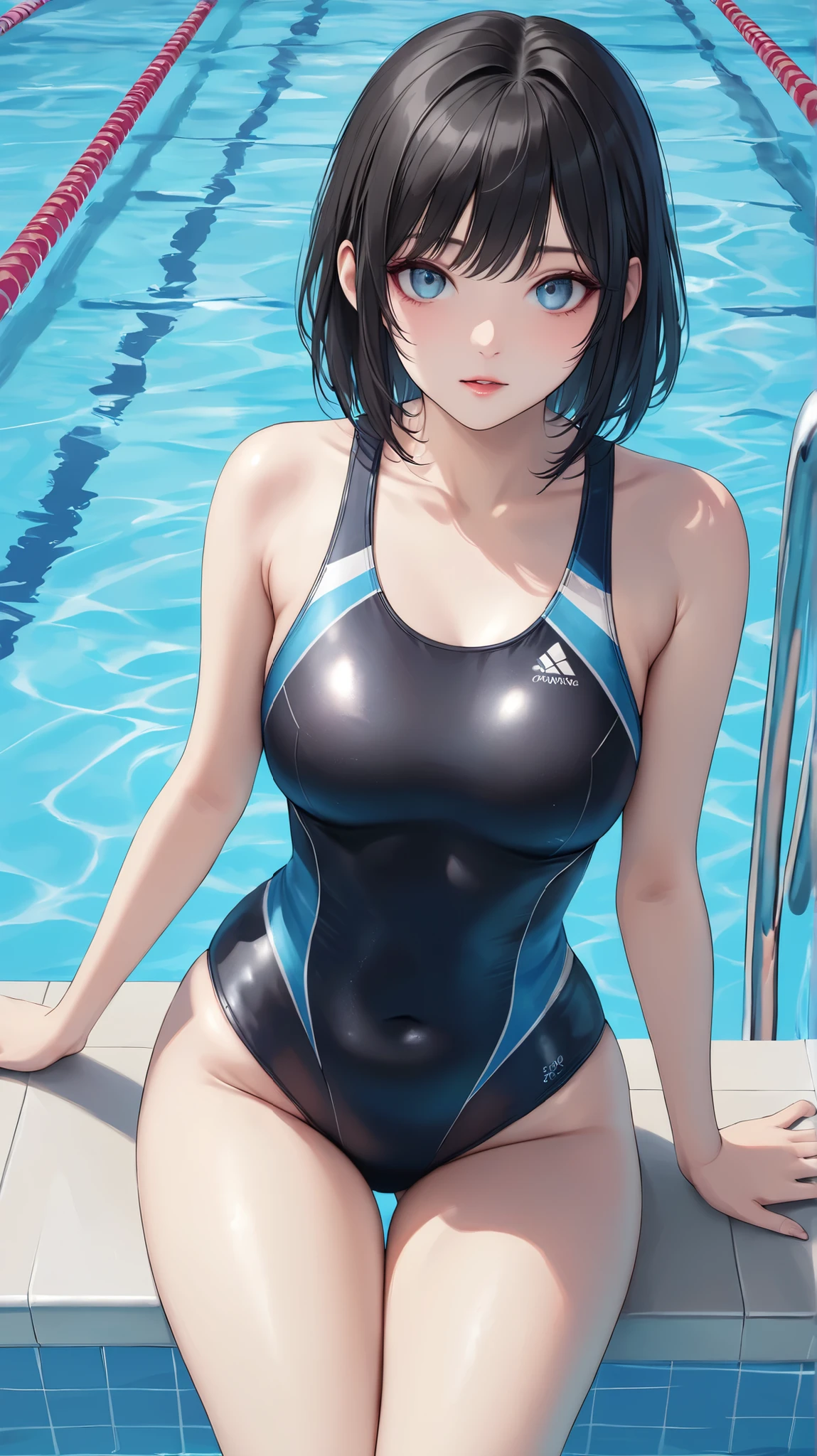 (((masterpiece))),(((High resolution)))、(((8K)))、(((perfect face)))、(((beauty of japan)))、20 years old、(((beautiful face))), ((swimsuit)), (((black competitive swimsuit))), ((top quality eyes)), ((detailed texture)), ((high resolution face)), (at the pool)