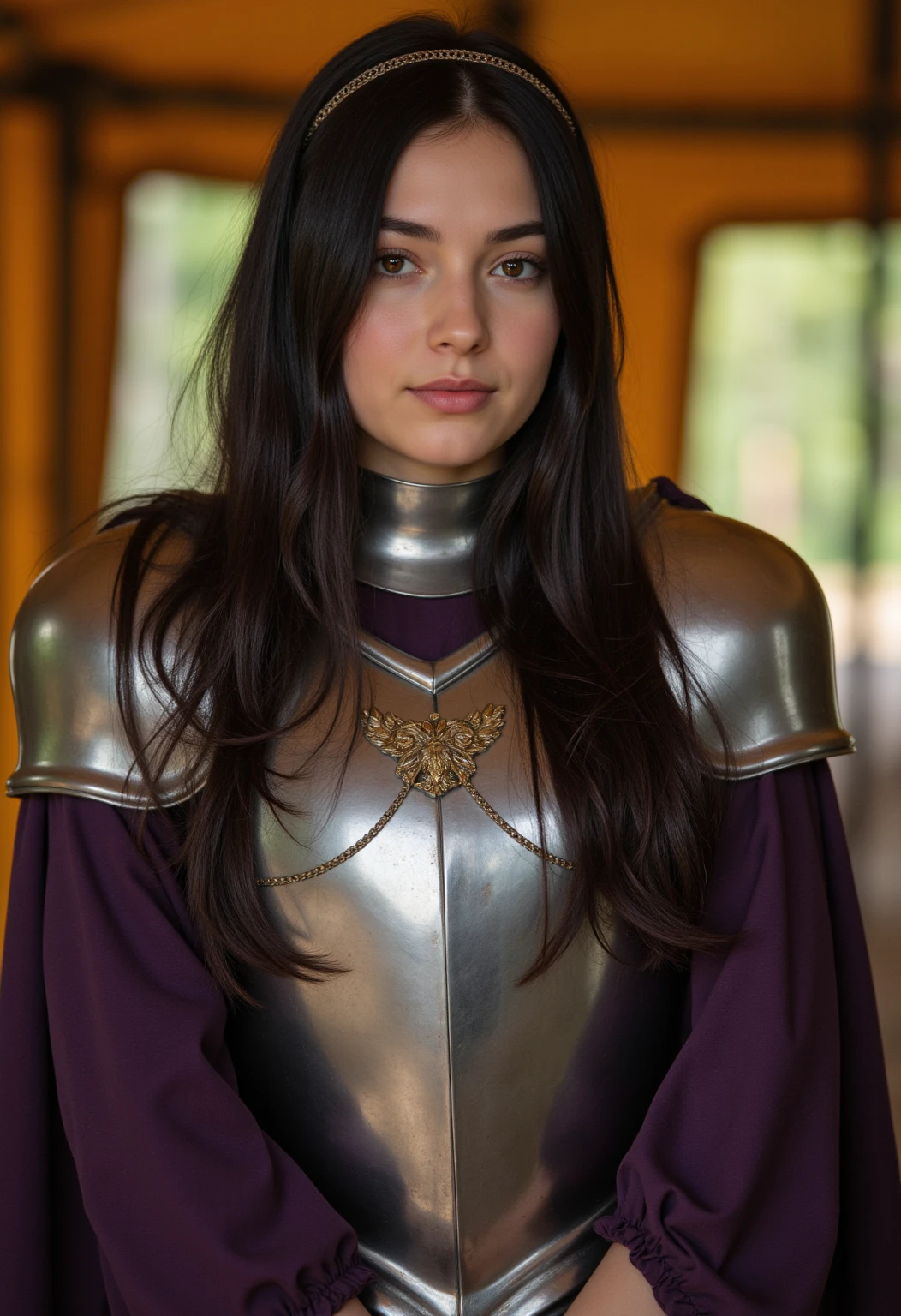 a gorgeous 12 year-old girl, black spandex suit, purple satin cape, purple lips, black eyeliner, dreamy smirk, extremely detailed, 4k, perfect face