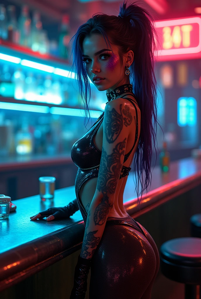 Punk trad goth subculture gothic Girl trad goth makeup punk post punk,a woman in latex, latex brassiere, chain, 18 year old, pale skin, BLUE hair, blue eyes, sexy expression, in a pub , camera focus on the face, dim light, tattoo, best quality, ultra higher, photorealistic, 8k, RAW photo,Sharp chin, photography, raw photo, masterpiece, extremely detailed photo, DSLR, photorealistic 1.4, ultra hi res, best quality, pink lips, perfect makeup, full body picture, tall, toned, busty, booty, icy powers,