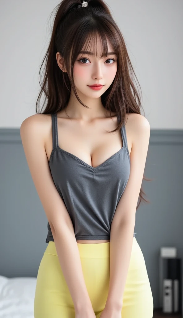 Image of one woman、unparalleled beauty、Transcendent beauty、Angle looking up from bottom、Supermodel body type、muscular、Height 170 cm、perfect style、Noble lady、adult woman、Age is 24age、Slender beauty、Elegant behavior、beautiful face、Gentle eyes、dignified expression、long eyelashes、long face、The nasal muscles are passing through、Confident attitude、long black hair、beautiful black hair、straight long hair、Hair is straight、small breasts、Beautiful fingertips、Slender、beautiful abs、long supple legs、open the thighs、Outstanding style、Crystal clear skin、underwear、full body image、Ultra-high definition images、The background is a sunny park、8k、goddess、Elegant appearance、Appearance that gives a good impression、most beautiful appearance、Gorgeous、person who seems to exist、no makeup、T-shirt and short skirt、