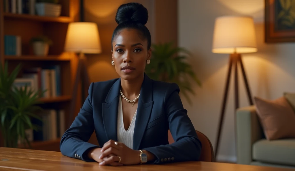 Create a realistic depiction of an African lady who is smartly dressed in modern clothes that are chic, flirty, sexy and respectable . Her outfit should prominently feature blue color . She should have a very thick build and appear realistic." She should be seated in a chair in a photo studio posing confidently for the camera. She should be 23 years old.