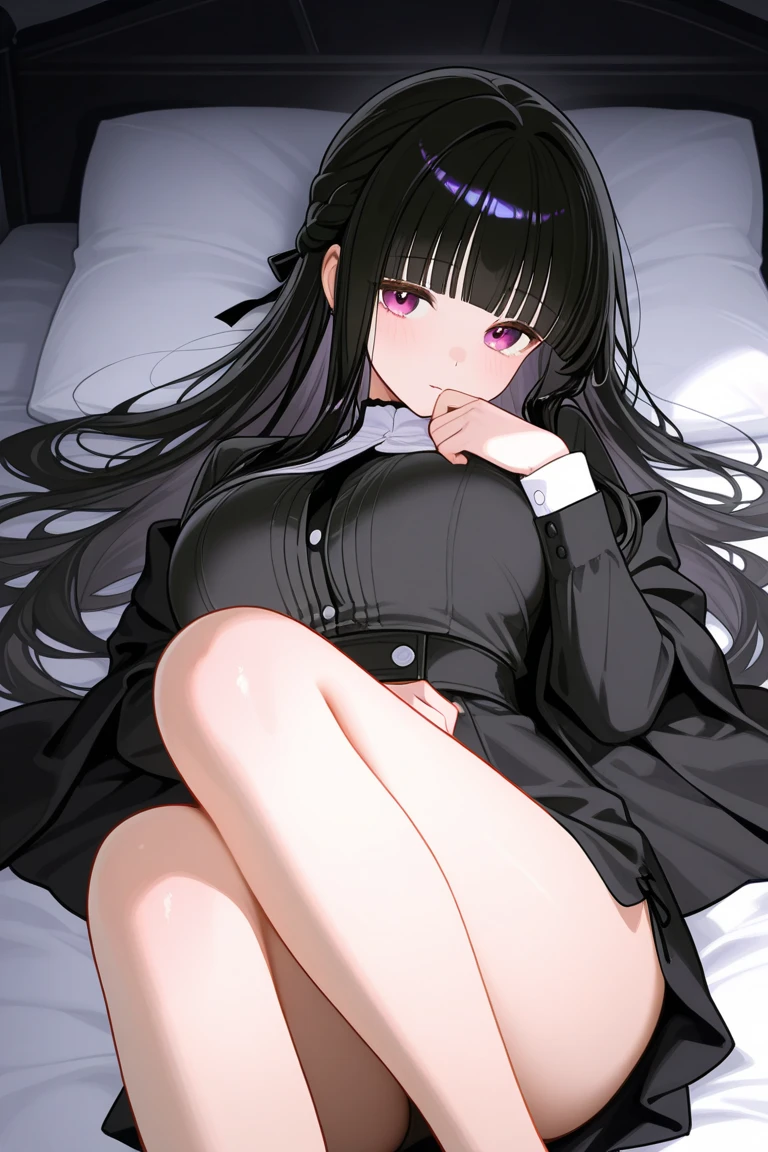 1girl, bangs, black hair, blush, worried eyes, looking at the viewer, white long sleeve shirt, unbuttoned shirt, off shoulders, medium breasts, solo, skirt pulled down, indoors, night, shiny skin, parted lips, beautiful, parfect anatomy, perfect hands, bed, bedroom, lying, relaxing, pillow, blanket, cushion, thigh, indoor, on side, on bed, white bra, white panties