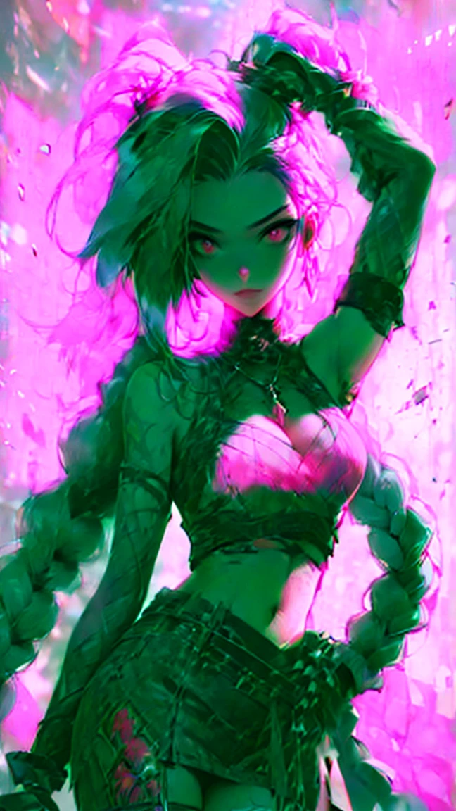 One girl, Ram, anime「Urusei Yatsura」, Elegant and delicate eyes, Detailed facial features, Long eyelashes, Beautiful lip detail, graceful and detailed poses, Very detailed, masterpiece, 4K, Tiger print bikini outfit, Realistic, Cinema Lighting, Dynamic configuration, Intricate details, Vibrant colors, Soft and dreamy, Magical Girl Fantasy,Green long hair,Lightning Landscape,Ghost Girl