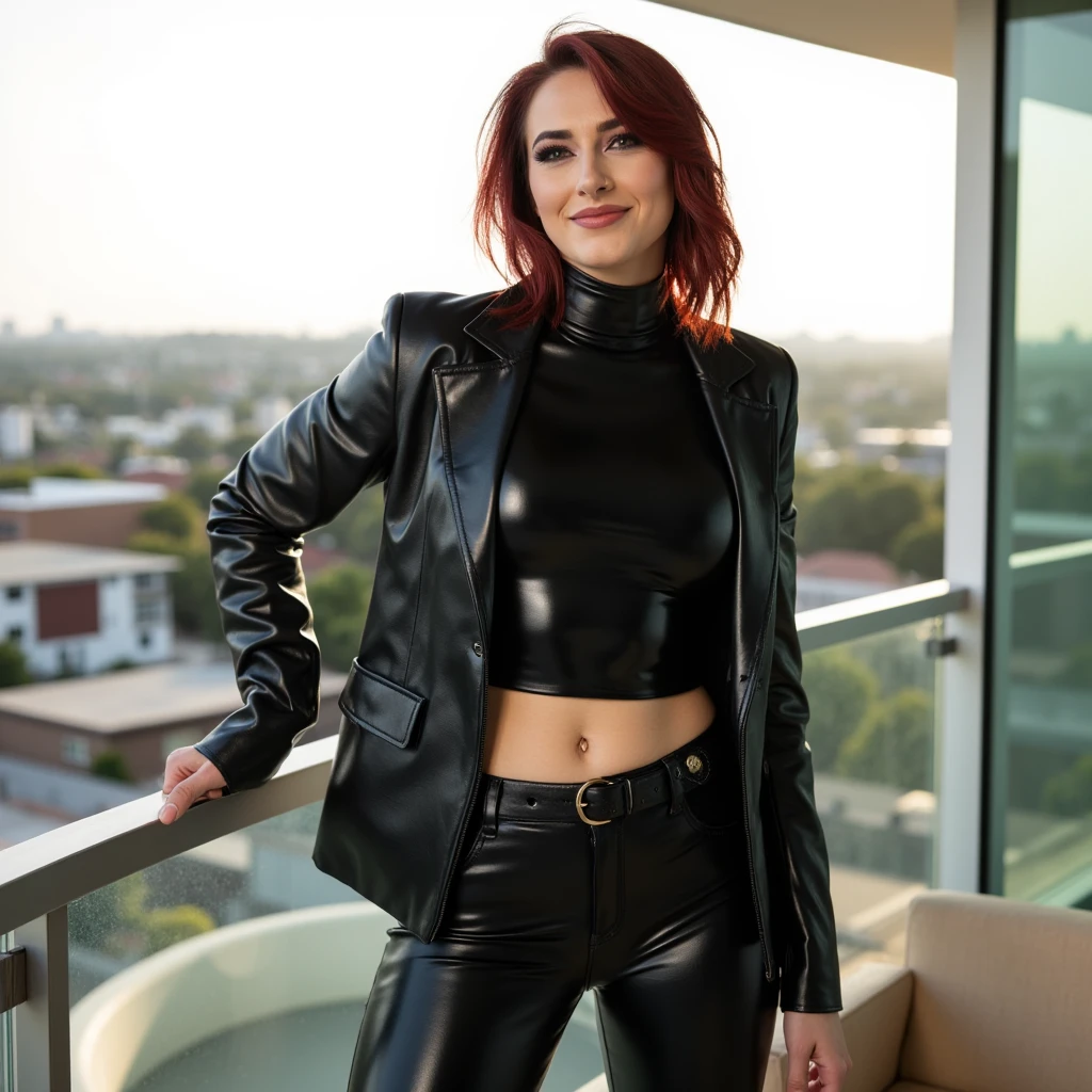 Mulher 26 anos, pele branca, cabelos longos e lisos, redhead, cropped branco, jaqueta de couro, piercing no umbigo, umbigo a mostra, abdomem tonificado, black Glued leather pants, botas de cabo alto de couro pretas, rockeira, rosto retangular, aspecto valente, olhos verdes, olhos expressivos, em um bar de moroqueiros, proxima a uma mesa de sinuca, roupas sexy, foto realista, 8k, Batom preto, brincos argolas de ouro.