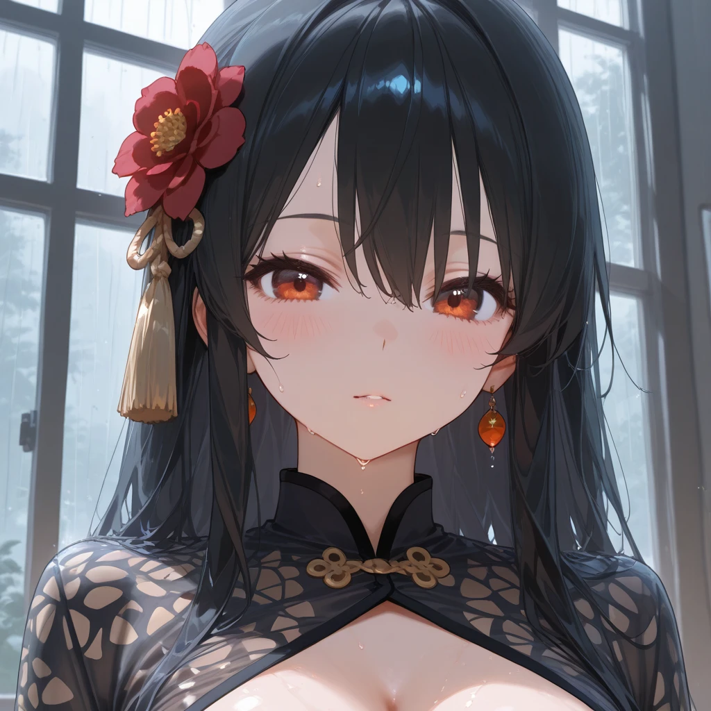 1 Girl, masterpiece, high quality, 巨大of乳房, 明亮of乳房, Looking at the camera, of, 闪亮of , blush, Black lace dress, cleveage, permanent,  Joel Blair, Joel Fogg, laceJoel Blair, Black Hair, (Red Eyes:1.5), earrings, white Headbands, Headbands, Long hair, Side lock,Squint your eyes, Smile, Large Breasts. （Cleavage）8k, Super detailed, 美麗of and aesthetic, high quality, 美麗of, masterpiece, 最好of质量, permanent, lean forward, 有光泽of皮肤, Sticking out tongue of mouth, blush, 性感of身材, Definition, 完美of眼睛, Sticking out tongue, blush, Strabismus,（with tears in eyes, Saliva residue）, The hem of the skirt is wet, 拉絲of, photography, 8k, HDR, high resolution, absurd:1.2, Kodak Portrait 400, Film Grain, 模糊of背景, Bokeh:1.2, lens flare, (Energetic_color:1.2),专业photography师