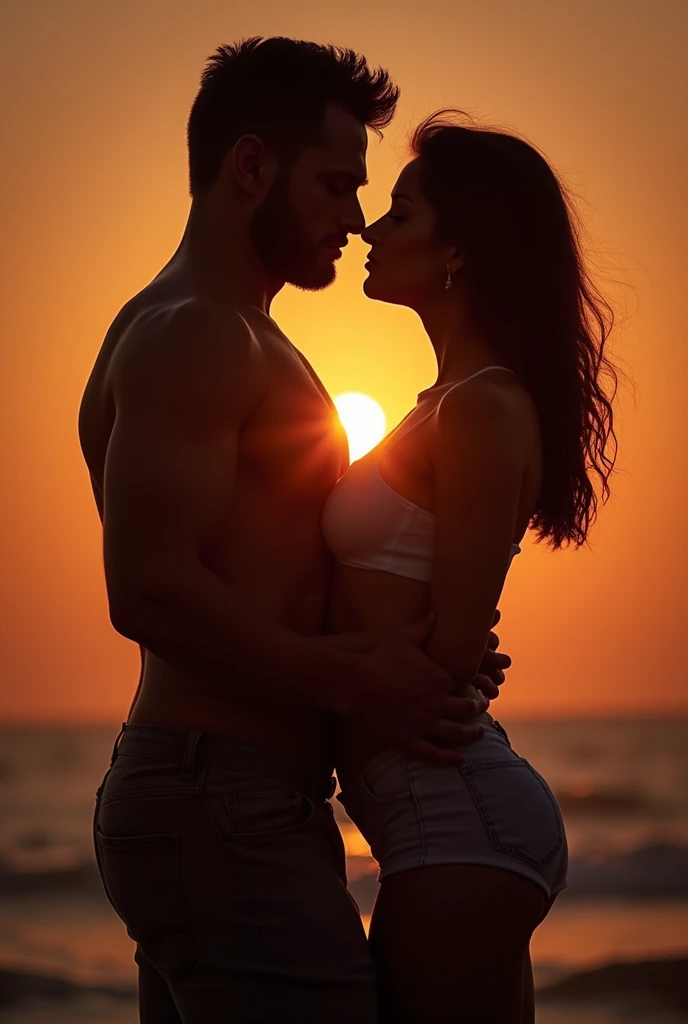 Silhouette of a handsone muscular man carrying a chubby girl in a beach with sunset at back