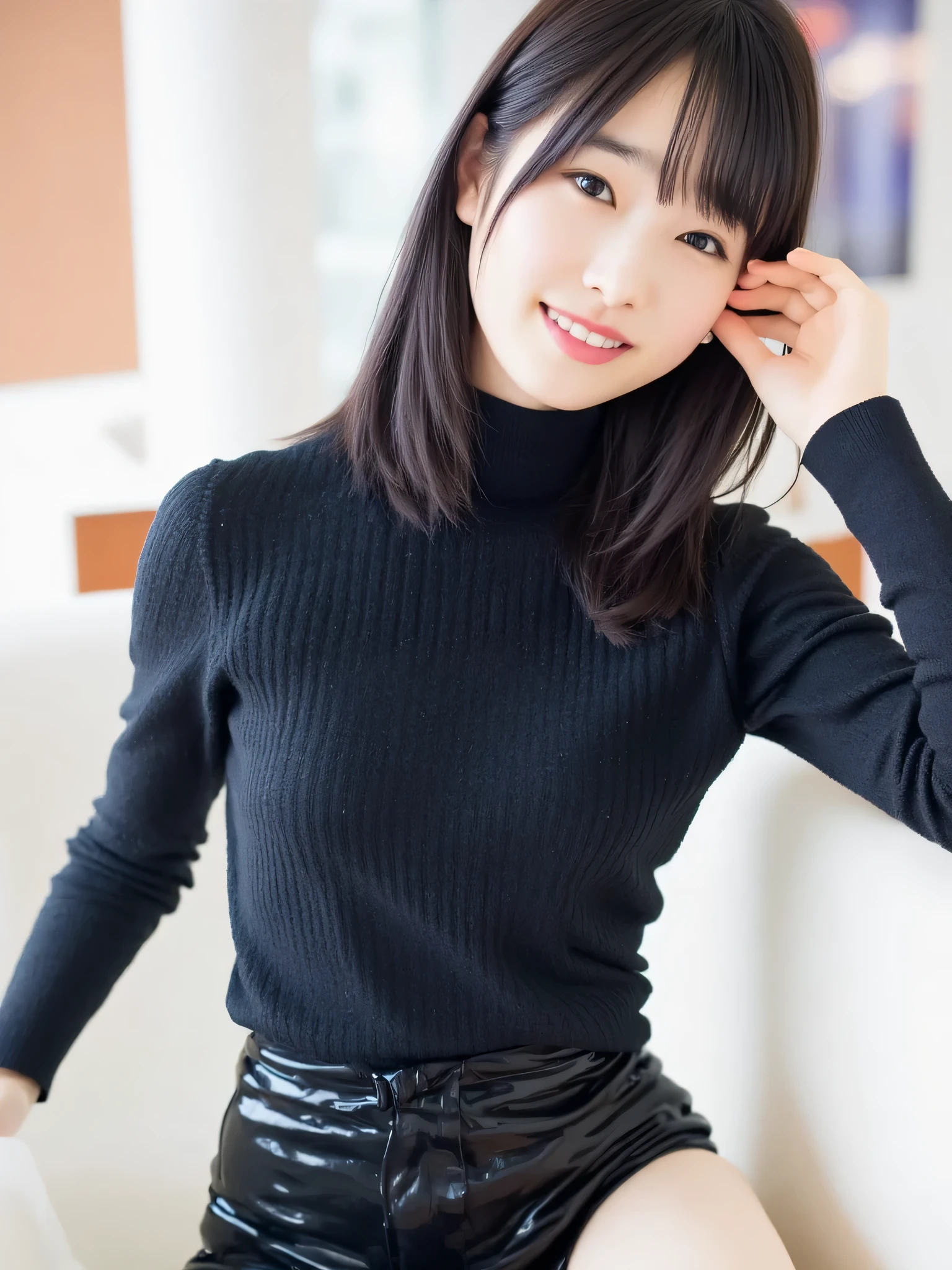((highest quality、8k、masterpiece:1.3)),((((fullbody shot)))),Ultra-high resolution,big eyes,Japanese,bangs,(a girl),(1 girl),((20 years old)),((facing at viewer)),(long hair),(((black sweater))),grin,((squatting)),(((pleated mini skirt))),(((pussy))),((skirt lift)),(((black short crew socks)))