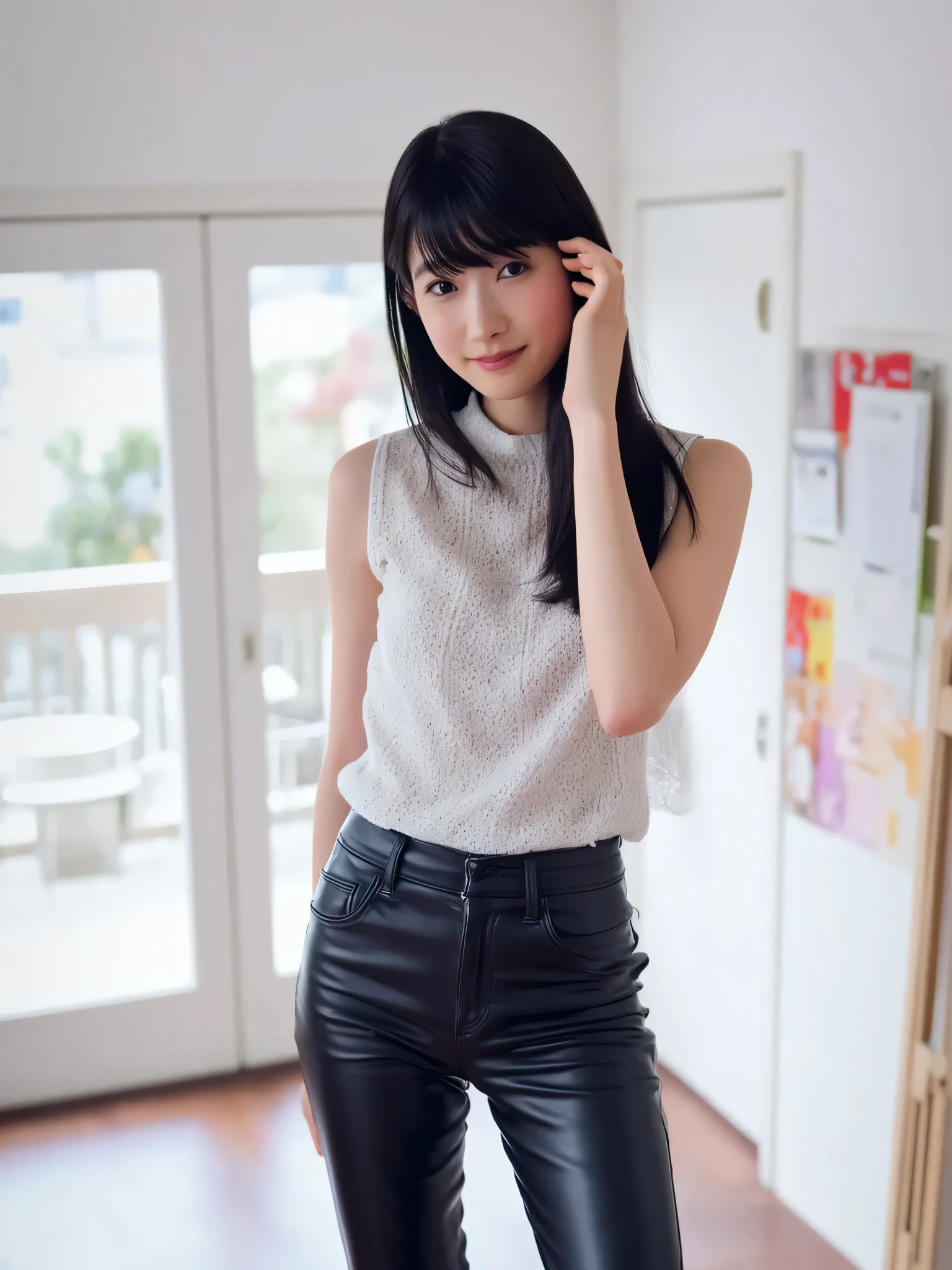 Full body image,full body shot,  a Japanese cutie girl, 20 years old, (The angle is horizontal),((wearing Black skinny leather pants)) ,  black long hair, smiling, detailed writing, Female Best Image Quality、 super high resolution、( realism:1.4)、 sexy makeup 、 A body that makes you want to touch it 、Realistic Leather Texture 、 Clothes made of smooth leather fabric 、 Curved leather drape 、The costume has a strong shine、Quality of the costume、8K High Resolution
