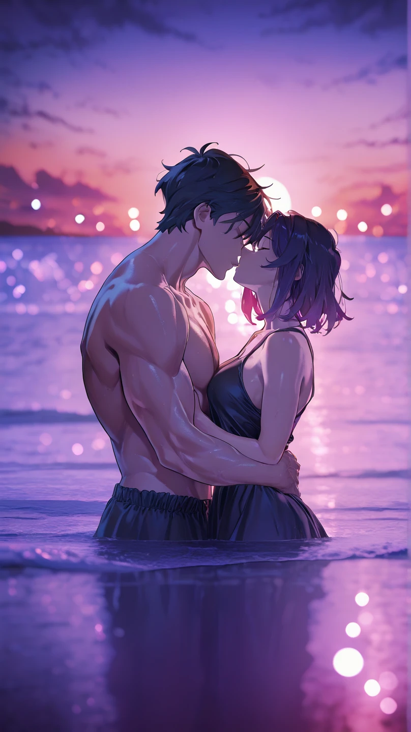 forehead-to-forehead,1boy, 1girl, hetero, swimsuit, partially submerged, hot spring, outdoors, hug, <lora:forehead-to-forehead_v1:0.9>