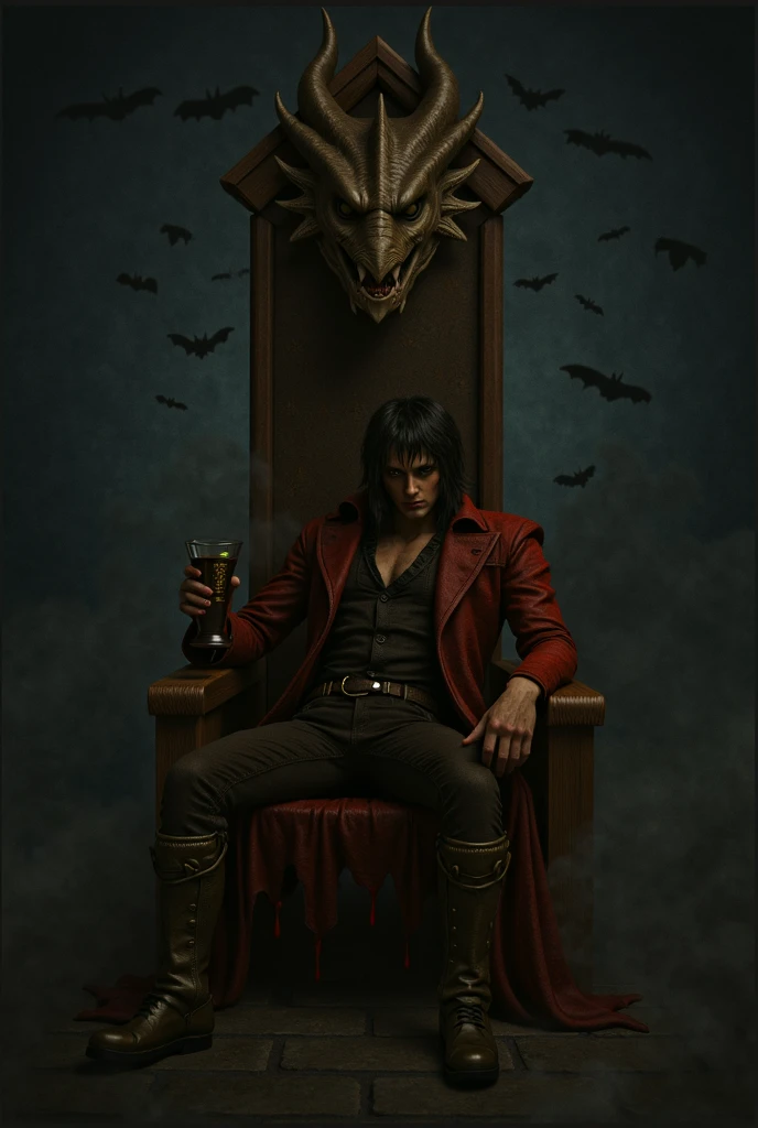 ultra detail red coat pirate king with black hair , masterpiece , red glow eye , smiling, with golden sword , sitting in pirate ship throne with ghost owl
