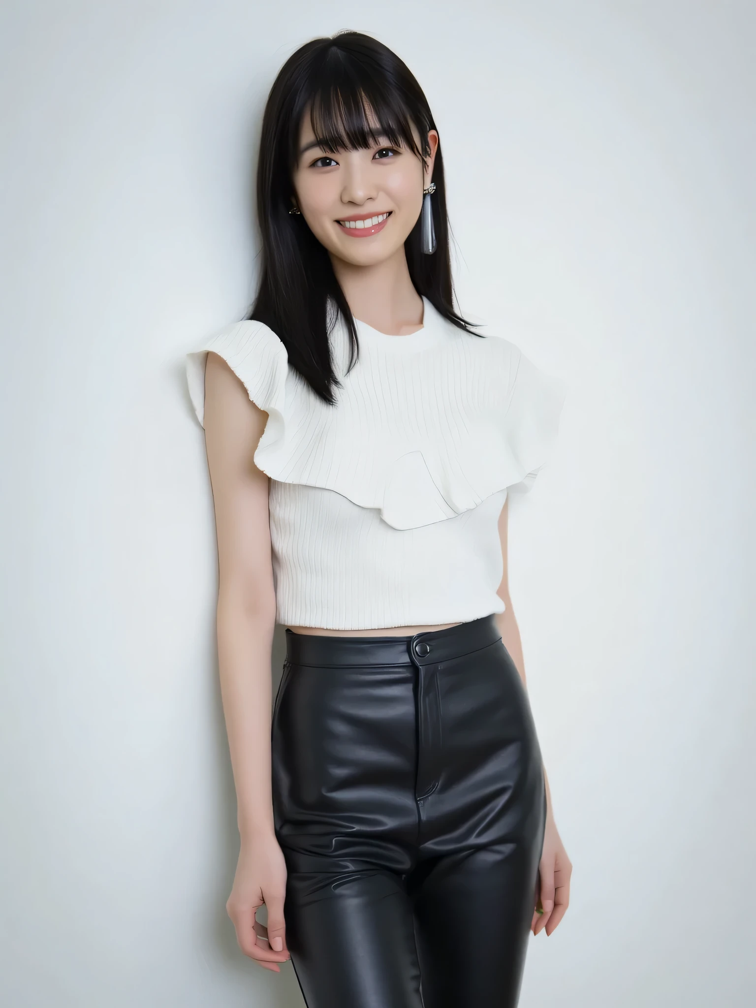 Full body image,full body shot, a Japanese cutie girl, 20 years old, (The angle is horizontal),((wearing Black skinny leather pants)) , black long hair, smiling, detailed writing, Female Best Image Quality、 super high resolution、( realism:1.4)、 sexy makeup 、 A body that makes you want to touch it 、Realistic Leather Texture 、 Clothes made of smooth leather fabric 、 Curved leather drape 、The costume has a strong shine、Quality of the costume、8K High Resolution