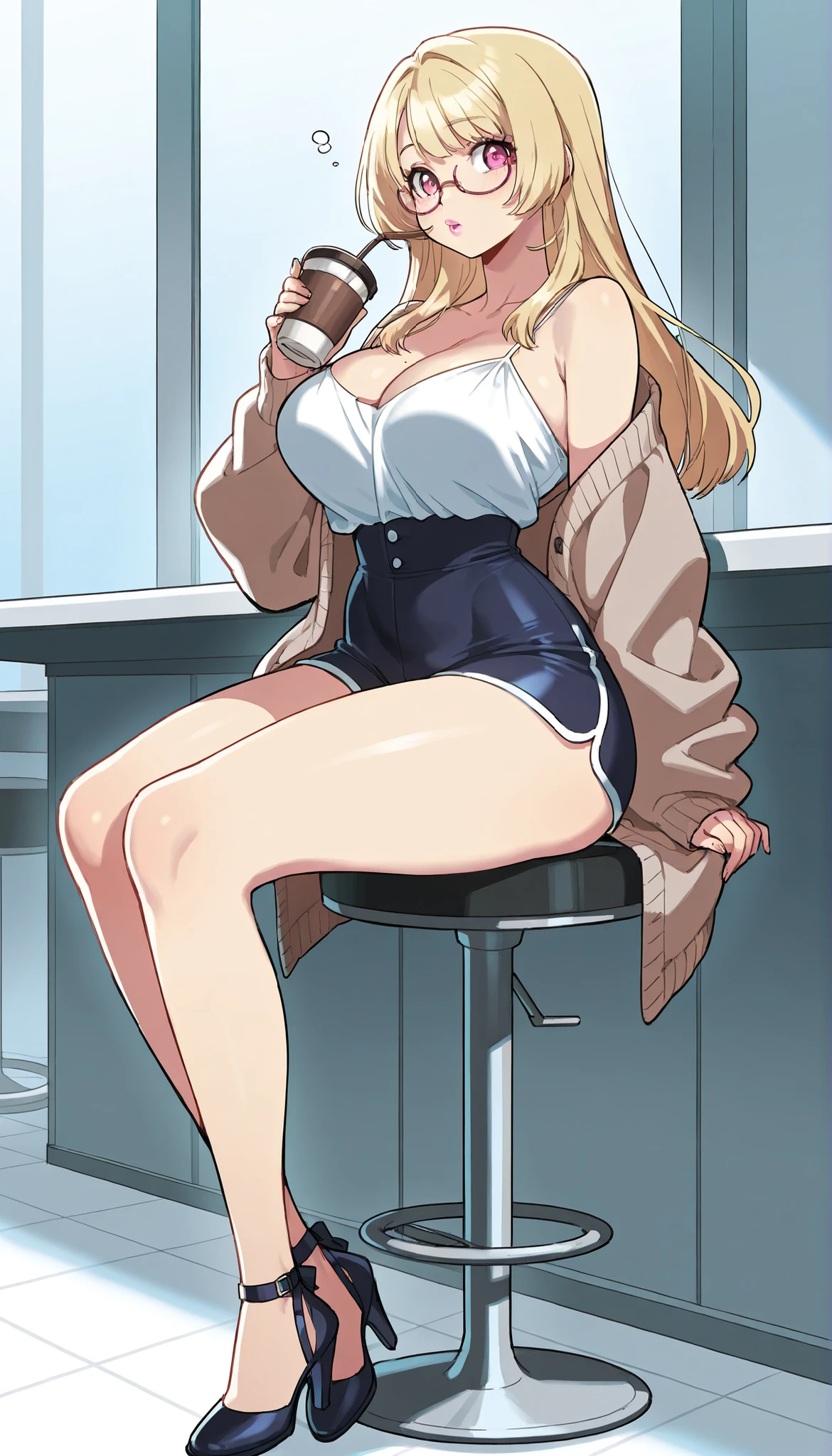 A young-adult beautiful cute woman with long silky pale-blonde hair, big pink eyes, pink lips, extremely fair white natural skin, an extremely small waist, slightly wide round hips, slightly big breasts, and an insanely perfect hourglass figure. She's only wearing a mid-riff revealing thin white top with spaghetti straps and a V-neckline, a check brown front-open slightly-medium baggy cardigan with full sleeves worn over the top, high-waisted tight blue booty shorts, spectacles, and strappy high-heels. She's sitting, legs inwards, plain thinking expression, sipping on coffee with a straw, and is in a cafeteria. Show her full body and super hyper-detailed.
