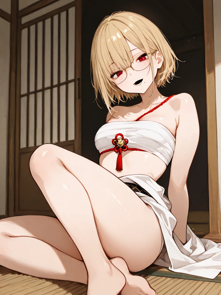 (extremely detailed CG unity 8k wallpaper), (masterpiece), (best quality), (ultra-detailed), (best illustration), (best shadow), (absurdres), 1girl, solo, pefrect face, perfect eyes, shining breasts, close the camera, cleavage, medium breasts, seductive smile, seductive, no any clothes, just lingerie, Rounded breasts, light yellow lace panties, light yellow lace bra, lace panties, only lingerie, no clothes, no cloth, close the camera, vivid colors, vivid, chisato nishikigi, short hair, bangs, blonde hair, (red eyes:1.5), hair ribbon, one side up, bob cut, sitting in chair, table