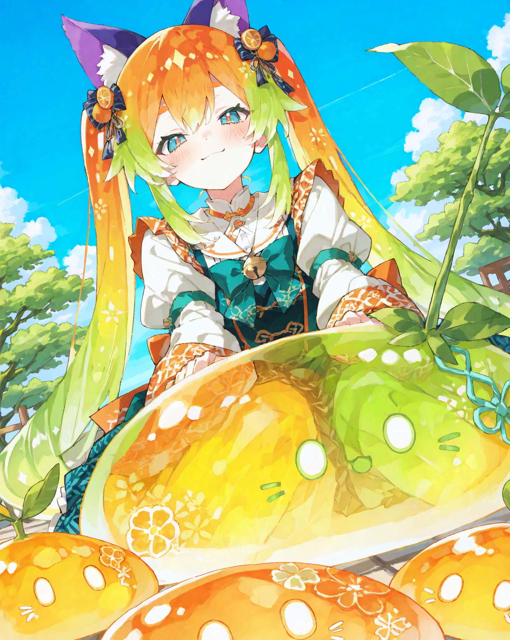 Best quality,masterpiece,ultra high beautiful witch woman,green hair,water,waves,lips,full body, pumpkin background