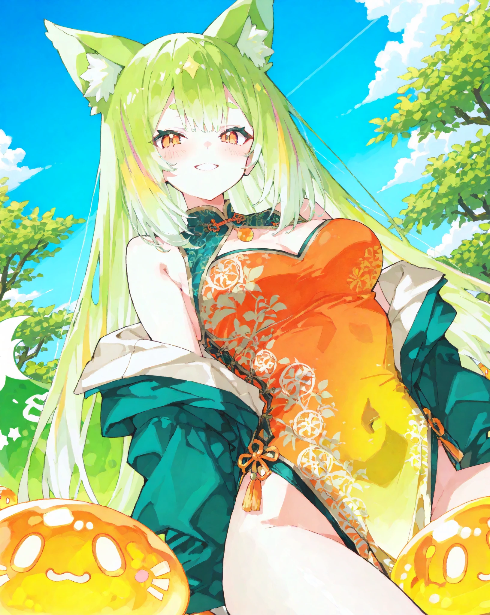 Beautiful anime style girl with long hair,(((Green Hair)))long medium hair,(((Highest quality)))Transparent Hair,Cool face,Confused face,(((Green Eyes))),Fun Beautiful Girl,(((A well-defined, glamorous body)))Tight waist,Big Breasts,(((flower柄の和服)))A beautiful and radical girl wearing a radical green kimono,(Butterfly ornament),全身にVineで巻かれている,((Hakama)),((Revealing modified kimono)),Fair skin,(((Sexy pose))),(Sitting on a stump)),(Cross-legged figure),(((detailed)))Full Body Shot,Vine,flower,Countless butterflies,(((background)))fog,Red Moon,flower畑,In the dark forest。
