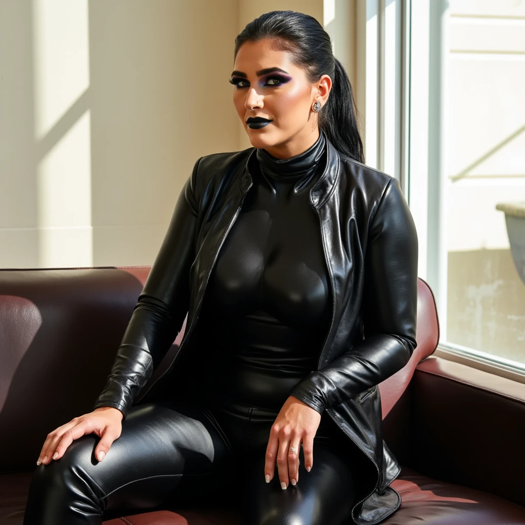 wearing black leather gloves on both hands. upper body. Black leather jacket. Black Leather Skinny Pants. Black leather long boots. Chest Necklace. Smiling at a modern study table in the dark.., Curvy Ukrainian MILF with long straight black hair (Black leather gloves cover both hands) With fingers in black leather gloves, Sitting in a leather chair, Working at the computer, I look at the screen