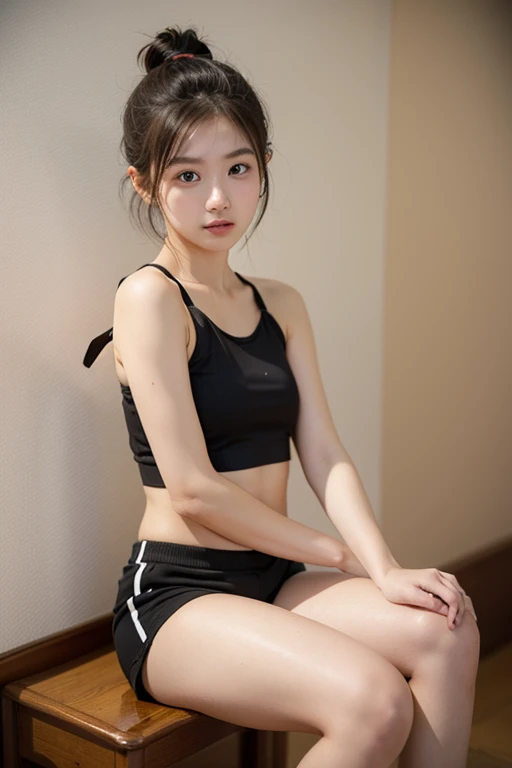 Realistic glowing skin, (発Sweat:1.8),sitting backwards,Look back at your face,Always look at the camera,(発Sweat:1.8),(Beautiful nipples in real life:1.6),,(whole body:1.9),(発Sweatしたリアルな白い肌:1.9),White socks, (black running shoes:1.8),
,Cold look,Cold Stare,Black Hair,short hair,Tie your hair short,Silky translucent white skin,,(Very detailed美しい顔), Great face and eyes, (Highest quality:1.4), (Very detailedな), (Very detailed CG 統合 8k 壁紙), Very detailed, High resolution raw color photos, Professional photography, Realistic portrait,Sweat,,(A Cup:1.9),(Flat Chest:1.9),(Very small breasts:1.9),(Breast augmentation:0.1),(Small breasts beginning to swell:1.9),(Breasts during puberty:1.9),
, (少女のwhole bodyの詳細なRAW写真), Canon EOS R5 250mm, Sharp focus, Cinema Lighting, (No makeup:1.2), Fine skin, Delicate collarbone,,(Ultra-high resolution:1.6), (Realistic:1.6),,(Japanese junior high school girls:1.9),(whole body:1.8),(Sweatが滴る肌:1.9),(The lower half of the body is black athletic wear:1.9),(Sweatで滲んだ肌:1.9),(Age is :1.9),(Raise one hand above your head:2),(The upper body is white athletics wear:1.9),Height is 155cm,Non-erect, thin nipples,very small nipples,Natural nipples,Real girl nipples,Not disgusting nipples、 (Armpit hair just starting to grow:1.9),(sit cross-legged:1.9),Sitting cross-legged,Sit, (Sitting cross-legged:1.9),