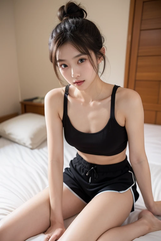 A girl in a her room, 1 girl, solo, ponytail hair, looking at viewer, smile, wearing sheer shirt, face down,  ((lying on her stomach)), swimsuit, bikini, indoors, black eyes, small breasts, bed, blue shirt, bikini bottom only, lie on bed, from side, bashful, small breasts, bikini, extremely detailed eyes and face, longeyelashes, highly detailed, 16k, ultra-detailed, high resolution, photorealistic, sharp focus, physically-based rendering, vivid colors, studio lighting, from side,