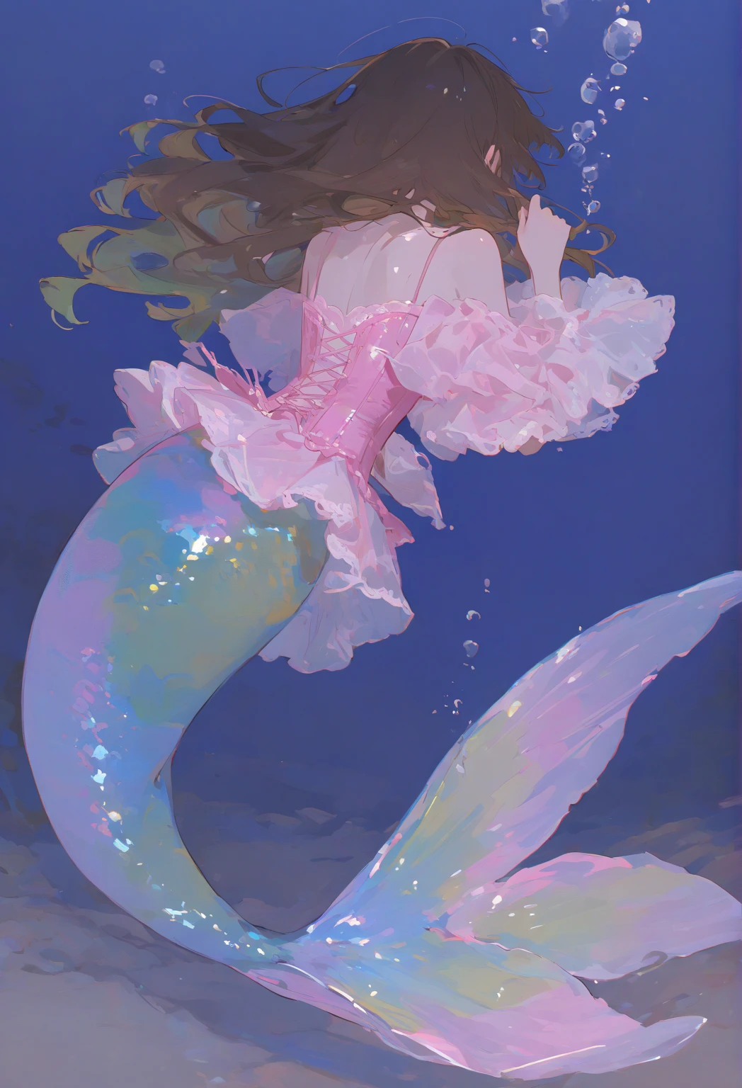 1girl,solo,cute,rainbow hair,cleavage,full body,she is mermaid,she has a mermaid fin,in the sea,under the sea,coral,fish,soft light,pink and blue, crystallineAI, nijistyle