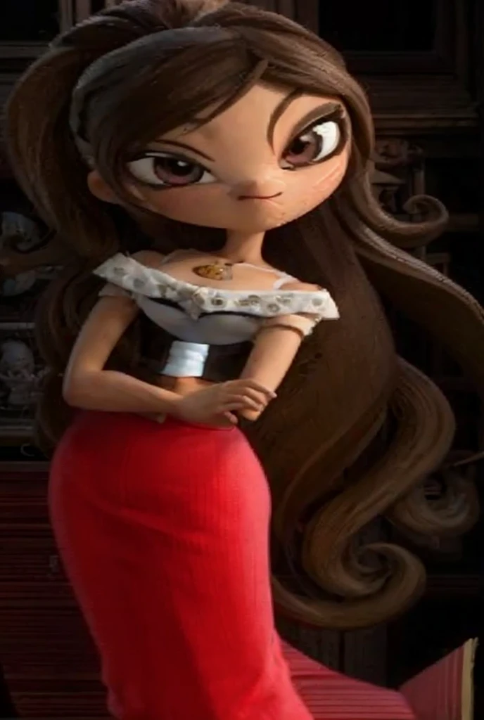 A full-bodied woman with brown skin, of small stature and curvaceous build.  has black hair , smooth and short,  with a straight cut at shoulder height and a side stripe .  Her expression is friendly and safe ,  with a warm smile .  Wear an elegant black and white outfit .  She wears a white blouse with long sleeves and a black corset over her ,  decorated with a white flower design with stem and leaves .  The lower part of her outfit matches a skirt cut into layers with a black and white design, that resembles petals .  Wear high heels with transparent straps and discreet accessories ,  including a golden ring .  His posture is confident ,  with one hand resting on the hip and the other slightly extended .  The background is minimalist ,  with neutral and uniform lighting .