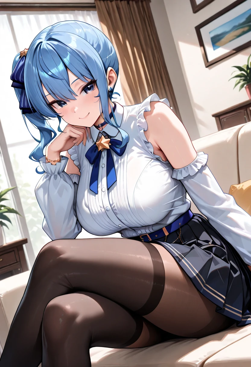 SuiseiStellar, long hair, half updo, tilted crown, white shrug \(clothing\), juliet sleeves, blue brooch, blue pinstripe shirt, blue vest, half gloves, blue shorts, half-skirt, o-ring thigh strap, single thigh boot,1girl, solo, , long hair,,,my room,side ponytail,small breasts,),(nsfw),(spoken heart),looking viewer