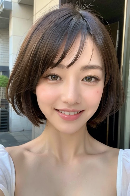 8k, best quality, 1girl, A Japanese young woman, in hotel room, slight smile, a close-up, short hair, crystal clear white skin, detailed eyes, detailed lips, wearing a white negligee,