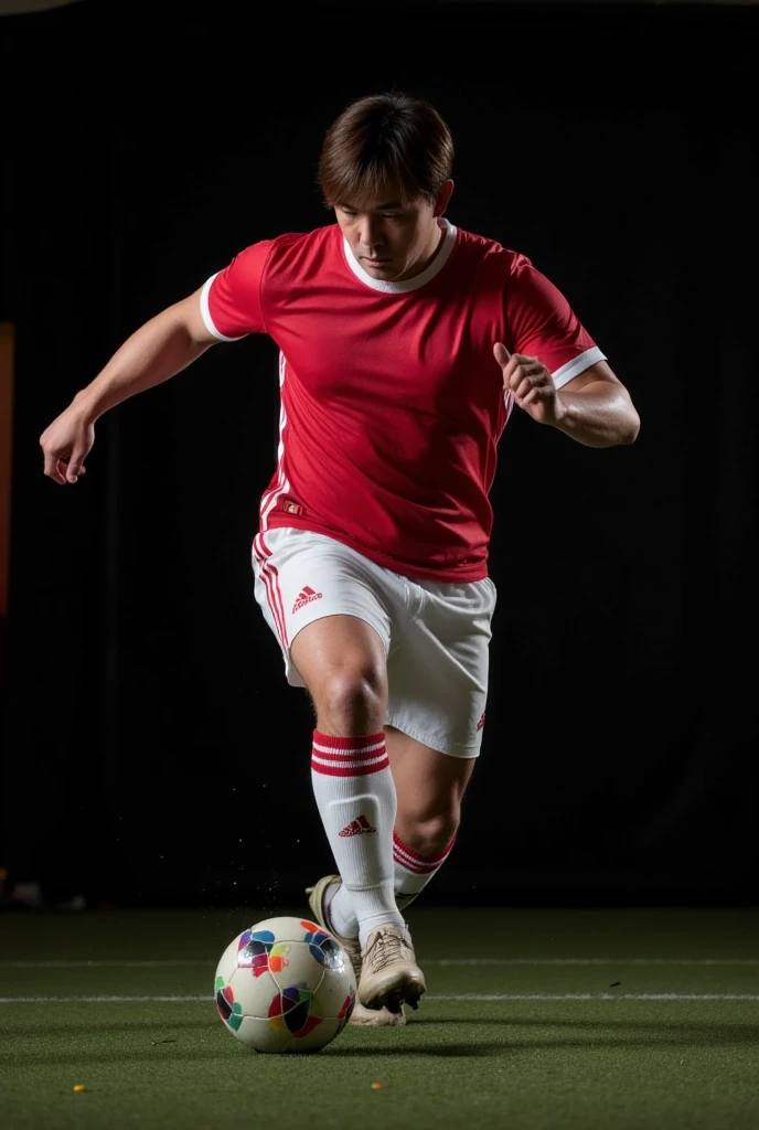 photo of a 20 year old man, skinny body wearing a red jersey with short hair standing on a football field