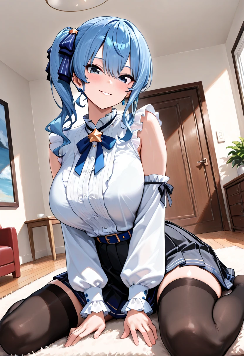 1 girl,outside of house、(low angles)、(Colossal tits),masterpiece、beautiful lighting、Detailed beautiful face、Detailed beautiful eyes、hight resolution、Ultra-fine illustration、extremely delicate and beautiful、top-quality、The whole body is shown, (独奏:2.0), (Cute,Lori)、(poneyTail:1.7,blue eyess),Curvaceous, (shinny hair, Glossy eyes, shinny skin), (Embarrassed face), (glistning skin) ,(white rubber suit)、the chest is hidden、crouching down、open one's legs、(Open knees)、Focus between legs、Armpit、Arm up、hands behind head、thighs thighs thighs thighs、Short hem、sleeve less 、pelvis curtain、Armpits、A smile、black thighhighs、Watch your audience、under the boobs、blushed、perspiring、Jeweled、thick thight、Parting lips、pantyhose、Blushing cheeks、elbow groves、gloves、turtle neck、a short skirt、highleg