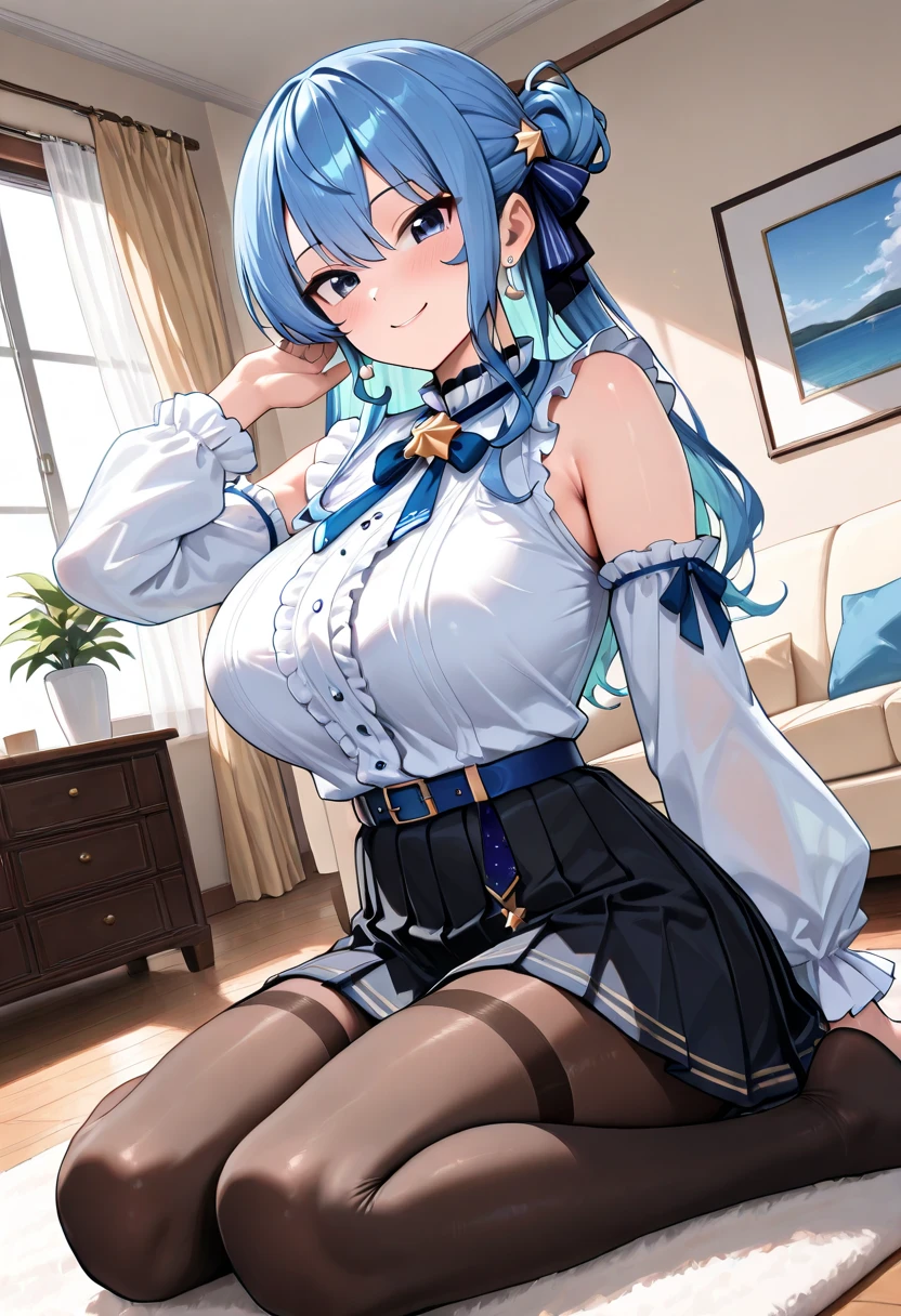 ((masterpiece, best quality)),8k,indoor ,1Focalors,mouth_hold,(white shirt:1.2) ,long hair,looking at viewer,slim waist,black bra, use pantyhose