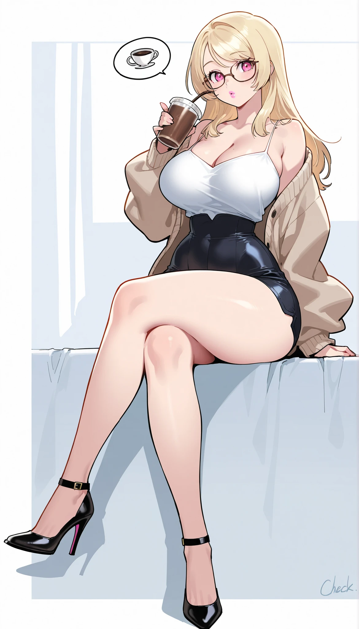 A young-adult beautiful cute woman with long silky pale-blonde hair, big pink eyes, pink lips, extremely fair white natural skin, an extremely small waist, slightly wide round hips, slightly big breasts, and an insanely perfect hourglass figure. She's only wearing a mid-riff revealing thin white top with spaghetti straps and a V-neckline, a check brown front-open slightly-medium baggy cardigan with full sleeves worn over the top, high-waisted tight blue booty shorts, spectacles, and strappy high-heels. She's sitting, legs crossed one over the other, plain thinking expression, holding a coffee with one hand, and sipping it with a straw. Show her full body and super hyper-detailed.