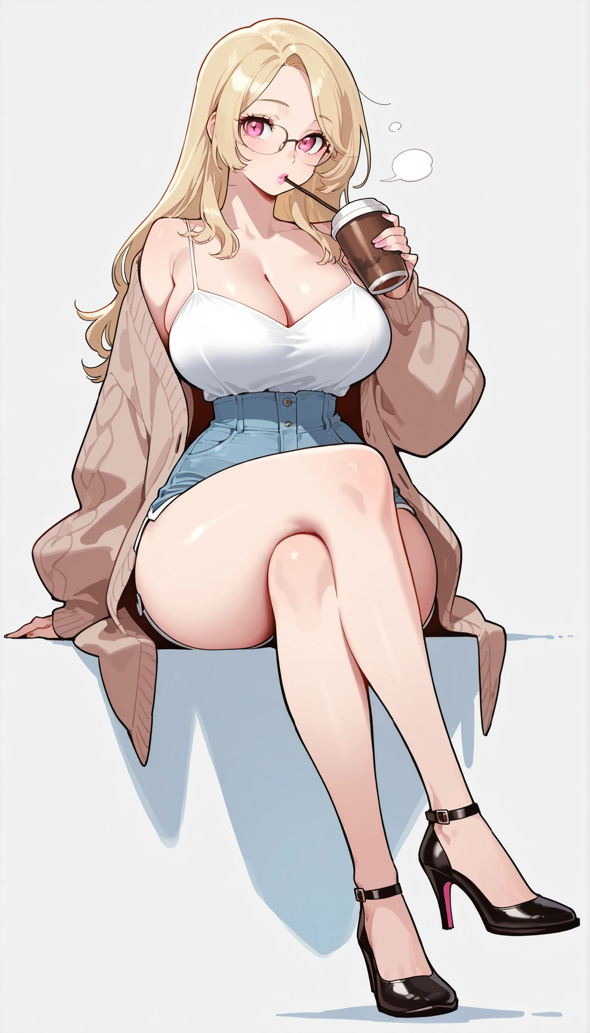 A young-adult beautiful cute woman with long silky pale-blonde hair, big pink eyes, pink lips, extremely fair white natural skin, an extremely small waist, slightly wide round hips, slightly big breasts, and an insanely perfect hourglass figure. She's only wearing a mid-riff revealing thin white top with spaghetti straps and a V-neckline, a check brown front-open slightly-medium baggy cardigan with full sleeves worn over the top, high-waisted tight blue booty shorts, spectacles, and strappy high-heels. She's sitting, legs crossed one over the other, plain thinking expression, holding a coffee with one hand, and sipping it with a straw. Show her full body and super hyper-detailed.