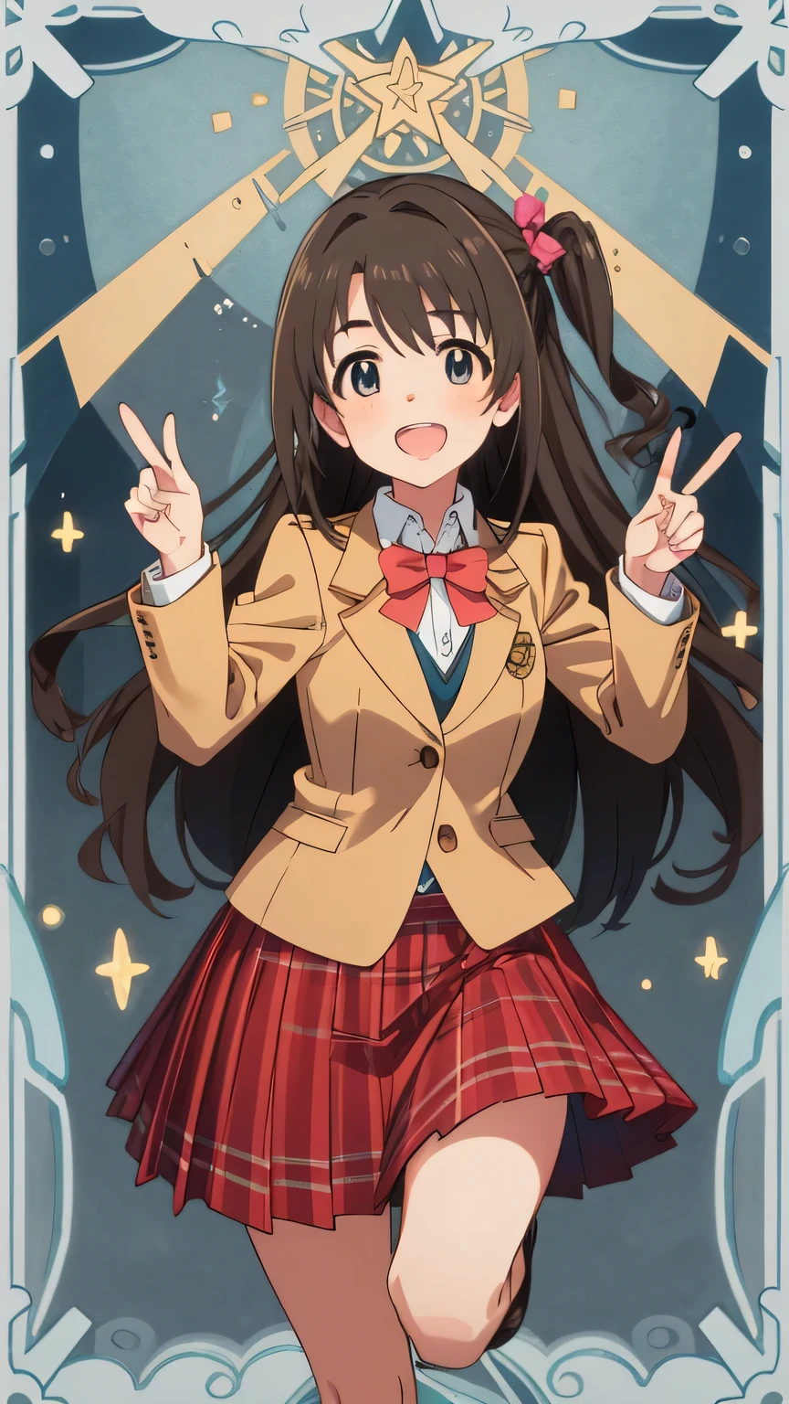 (tarot:1.5), {{{masterpiece}}}, (best quality:1.5), (ultra-detailed:1.5), {illustration}, {{an extremely delicate and beautiful}}, (beautiful detailed eyes:1.6), absurdres, highres, extremely detailed face, 16k, hd, visual anime de uma jovem mulher, extremamente bonito rosto de anime, anime melhor garota, (perfect hands, perfect anatomy), anime face, uzuki shimamura(iDOLM@STER Cinderella Girls), 1girl, solo, cute face, long hair, brown hair, braid, (one side up:1.8), wavy hair, bangs, swept bangs, sidelocks, flushed cheeks, brown eyes, (High resolution eyes, Beautiful eyes, Light in the eyes), medium breasts, big hips, curvaceous, BREAK, {school uniform}, brown blazer, long sleeve, white shirt, collared shirt, pink bowtie, red skirt, mini skirt, pleated skirt, plaid skirt, BREAK, cute face, open mouth, smiling, pointing, dancing, jumping, from above, outdoor, mountain, forest, flower garden, (cute gestures:1.2), dynamic pose, dynamic angle, mysterious, fluttering skirt, BREAK, Concept art, tarot cards, borders, European motifs, stars (symbols), metal border