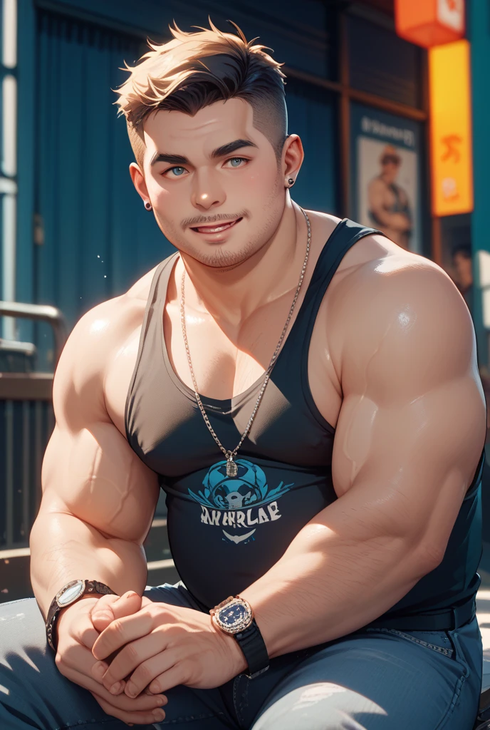 (masterpiece, intricately detailed, highest resolution, best quality:1.2), (doujin), a cocky German wwe star,a 24 y.o muscle stud with a muscular physique sitting on a chair with black eyes,dark-skinned male, wearing a ((open jacket, chav, armbands, nipple rings)), (excessive cum), (cum on body), (cum drip), flaccid penis,saggy balls,hairy chest,vascular,muscle striations,soft light,fantastic realism,