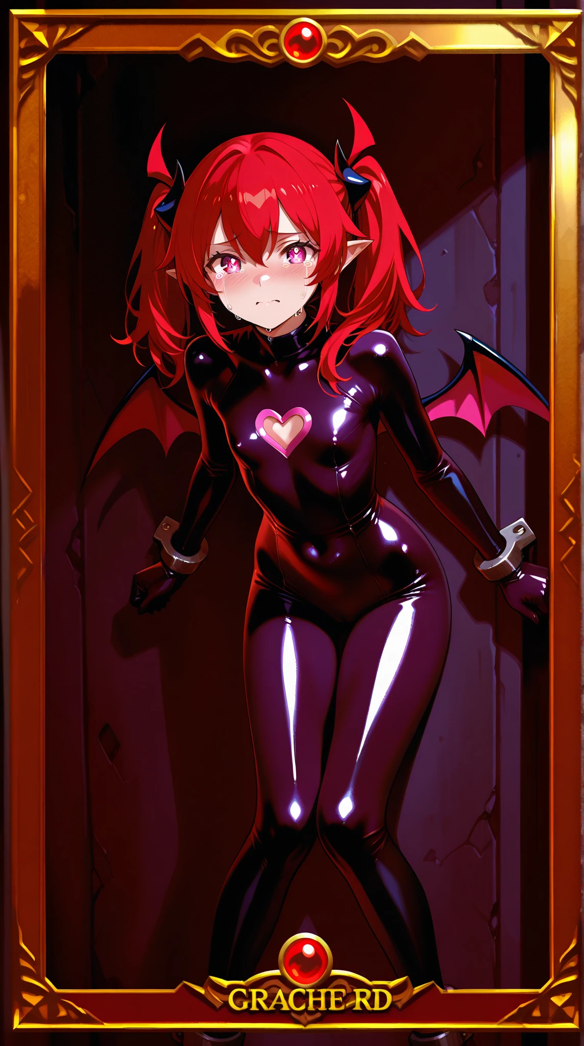 Nishikino maki, Purple eyes, bangs,red bodysuit,demon tail,demon wings, licking blood,solo